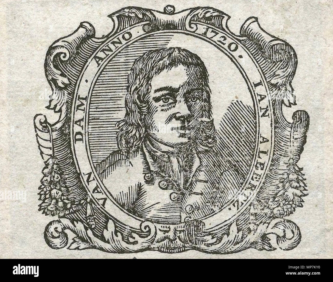 . Nederlands: Portret (houtsnede) van Jan Albertsz van Dam, leraar wiskunde en stuurmanskunst, doopsgezind vermaner . 1720. Sconosciuto 694 Albertsz Jan van Dam Foto Stock