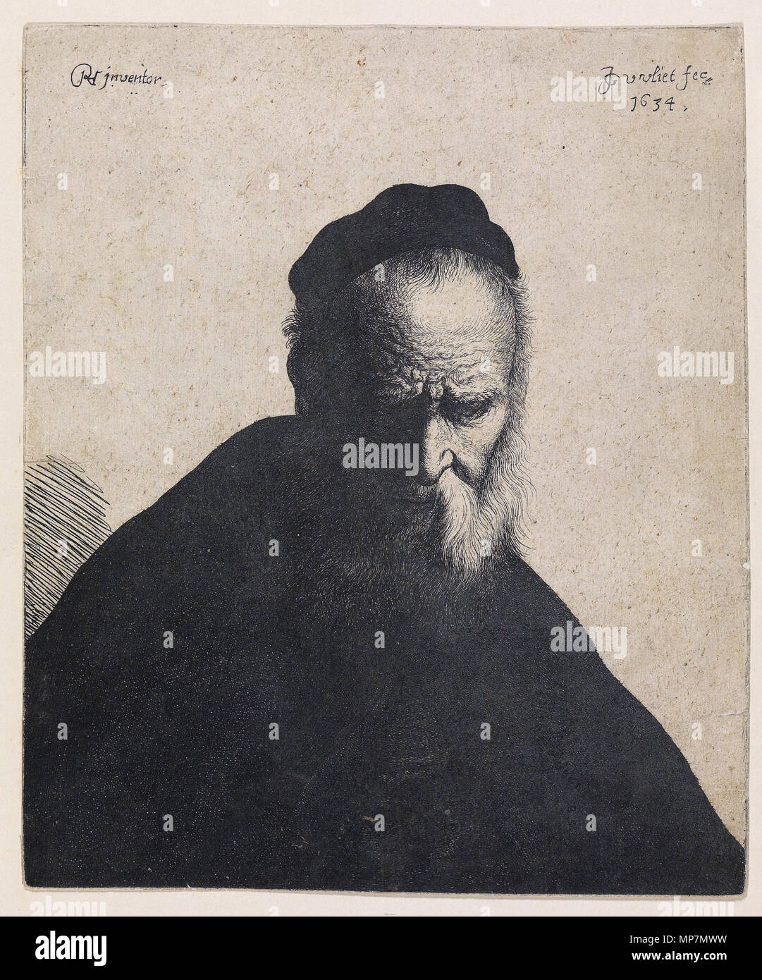 . Brustbild eines Greises mit langem weißen Bart und Mütze, Radierung, in der Platte bezeichnet "RH. jnventor', signiert und datiert J. G. v. vliet fec. 1634, 22,4 x 18,8 cm . 1634. Jan Gillisz van Vliet (circa 1605-1668) nomi alternativi Gilliszoon Johannes van Vliet, Jan Georg van Vliet, Jan Joris van Vliet, Johannes Georg van Vliet, Johannes Joris van Vliet, Johannes Jorisz. van Vliet Descrizione pittore olandese, disegnatore e incisore Data di nascita e morte circa 1605 4 Agosto 1668 (sepolta) Luogo di nascita e morte Leiden Leiden sede di lavoro Leiden (1628-1637), Anversa (1632) Au Foto Stock