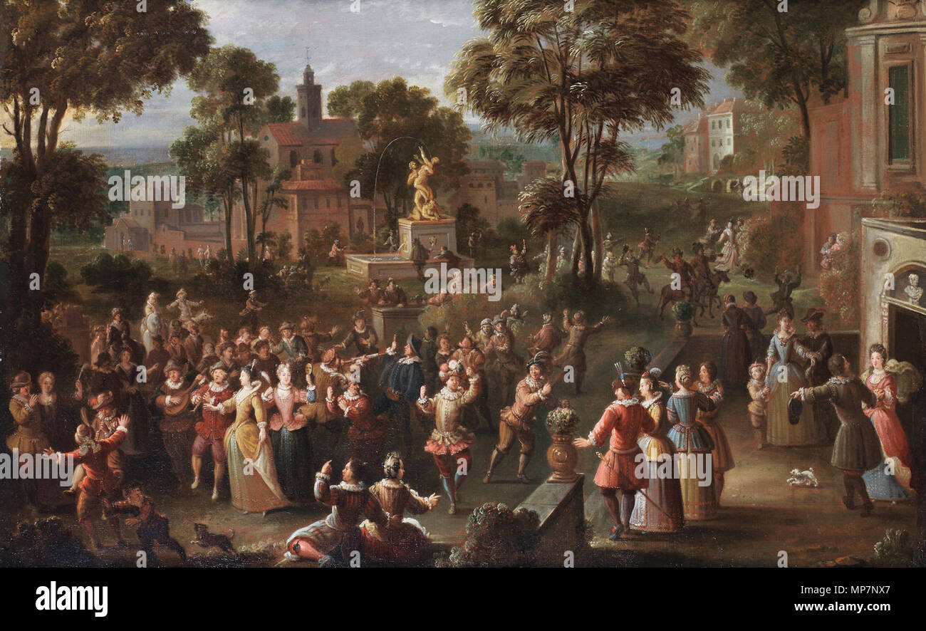 Inglese: contadini bere e giocare a carte in una taverna tra 1650 e 1667. 701 Jan Sebastiaen Loybos - party in giardino Foto Stock