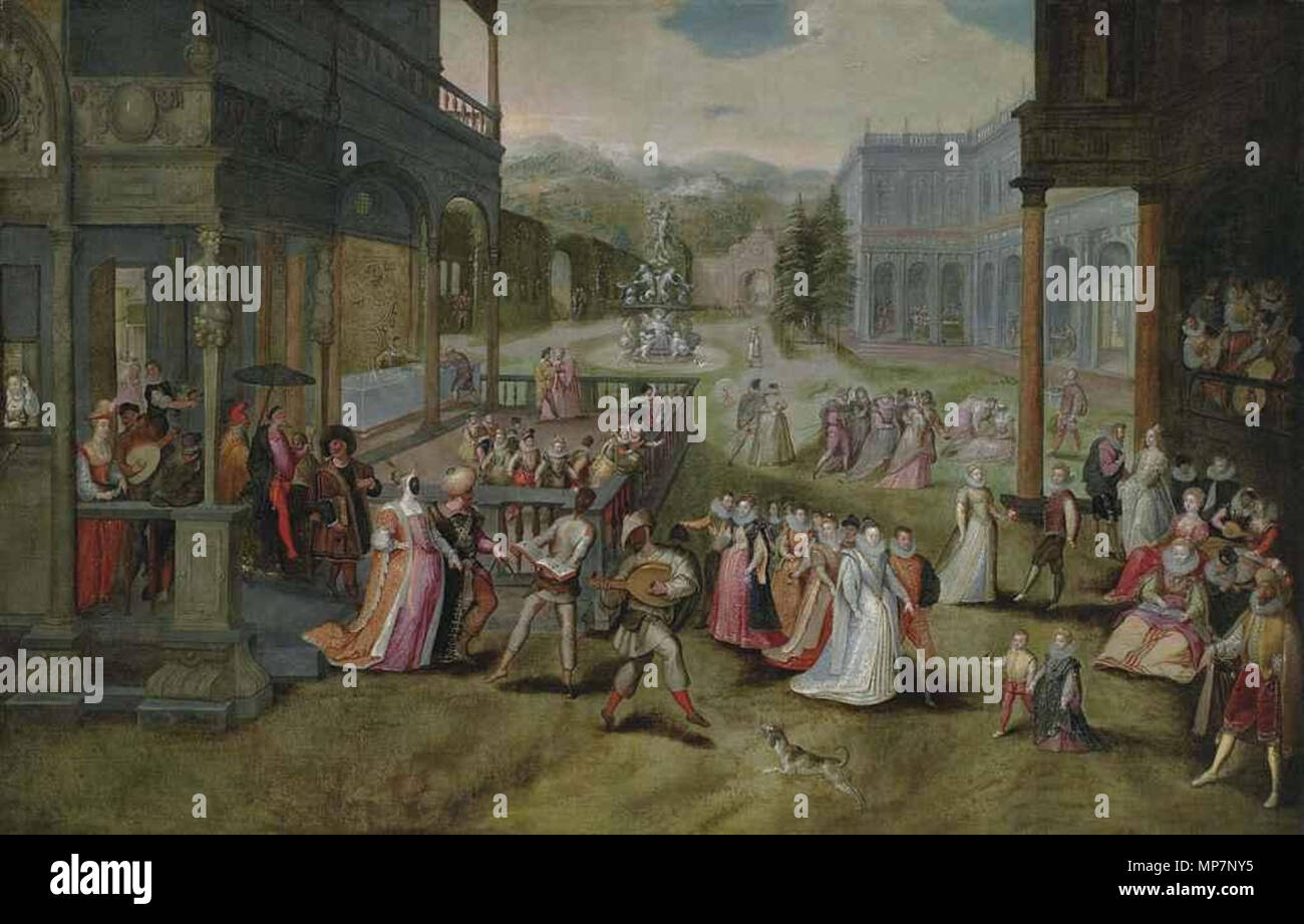 Un ballo in maschera a un cortile Italianamente tra 1597 e 1638. 701 Jan Snellinck (MI) - Un ballo in maschera a un cortile Italianamente Foto Stock