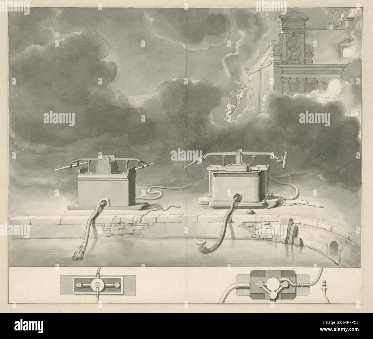 Due motori fire su di un lato del canal 1680 - 1690. 702 Jan van der Heyden - due motori Fire sul lato di un canale Foto Stock