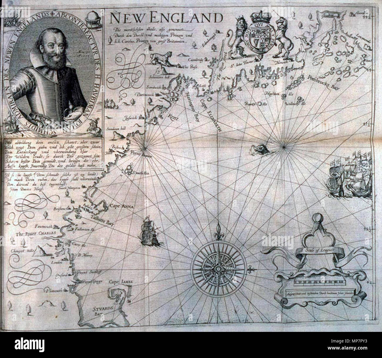 John Smith è Mappa del New England, 1616. John Smith è stato il primo inglese a rendere utilizzabili le mappe della costa del Maine. Questa mappa ha anche un buon ritratto di explorer. Molto del suo la mappatura è stata basata su informazioni descrittive dagli abitanti del New England. Questa mappa e la descrizione è la base per la Nuova Inghilterra colonizzazione, con il suo obiettivo di incoraggiare le colonie. In essa egli ha coniato il nome del New England. Alcuni dei nomi per la famiglia reale è stata data dal principe Charles (successivamente Charles I). Smith denominata isole di barene off New Hampshire per se stesso. Questa mappa, New England osservato , del 1616 è pr Foto Stock