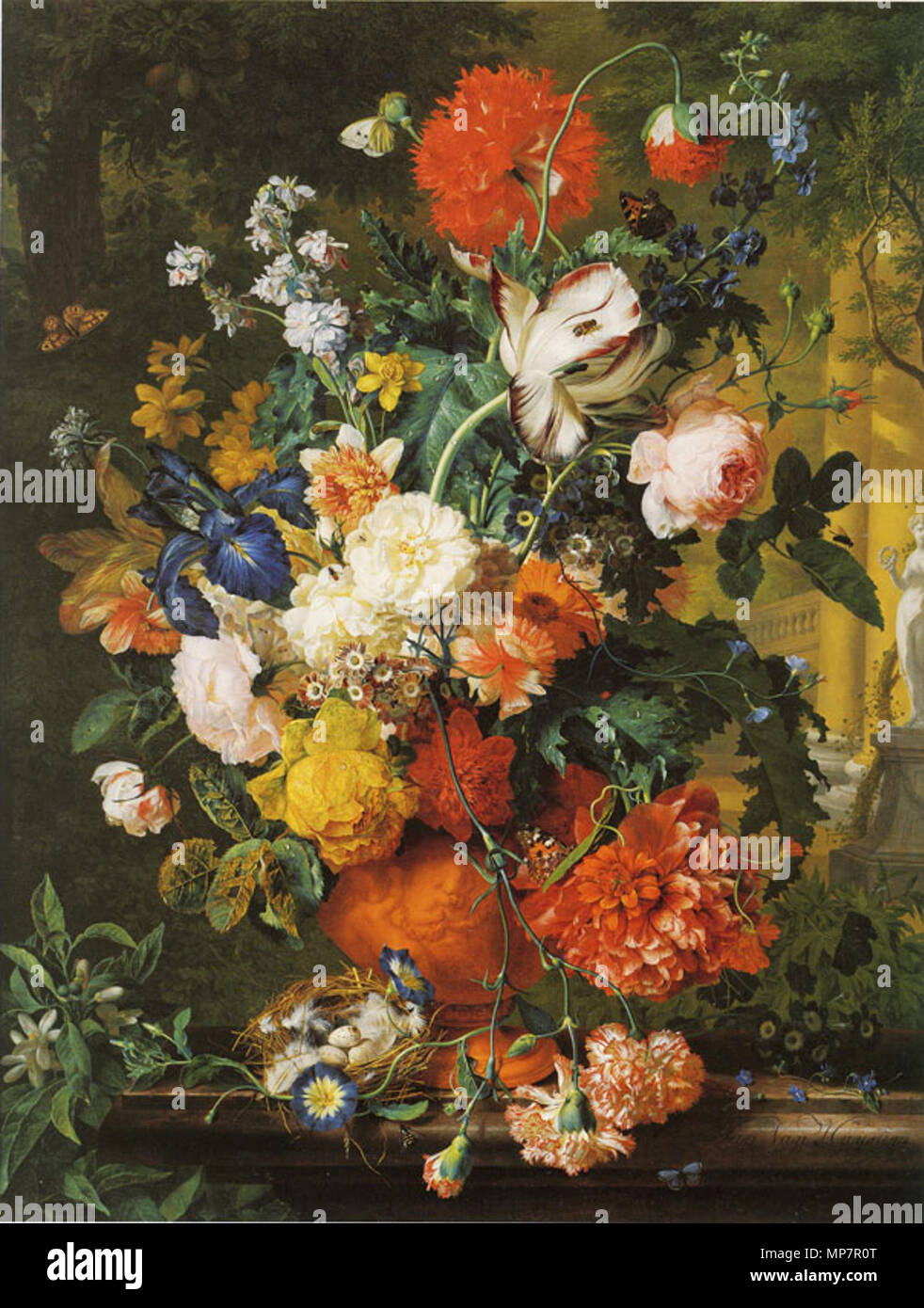 Vaso di fiori in un giardino battuta. Inglese: Vaso di fiori in un giardino  mensola . circa 1730. 704 Jan van Huysum - Vaso di fiori in un giardino  Ledge - c. 1730 Foto stock - Alamy