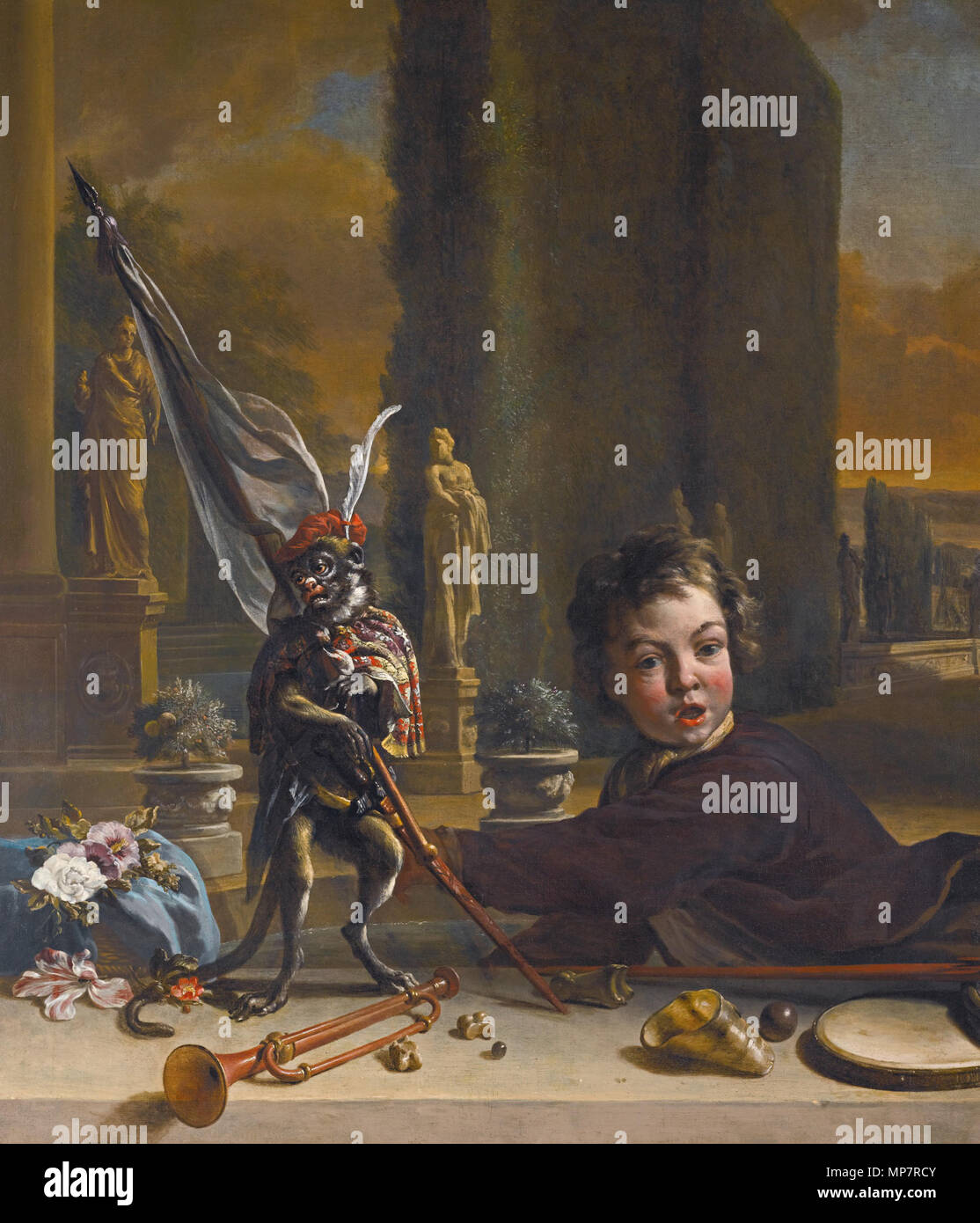 . Un paesaggio trompe l'oeil con un ragazzo e una scimmia, una formale Giardino all'italiana al di là di olio su tela, 137,2 da 118 cm. Secolo XVII o XVIII secolo. Jan Weenix (1639/1643-1719) nomi alternativi Jan Weeninx, Jan Weenix (II) Descrizione pittore olandese e disegnatore Data di nascita e morte tra il 1639 e il 1643 19 Settembre 1719 (sepolta) Luogo di nascita e morte Amsterdam Amsterdam sede di lavoro Utrecht (1664-1668), Amsterdam (1677-1719), Düsseldorf (1702-1710), Bensberg (1710-1714) Autorità di controllo : Q1346044 VIAF: 3418136 ISNI: 0000 0001 1587 1392 ULAN: 500010753 LCCN: nr2003020850 WGA: WEENI Foto Stock