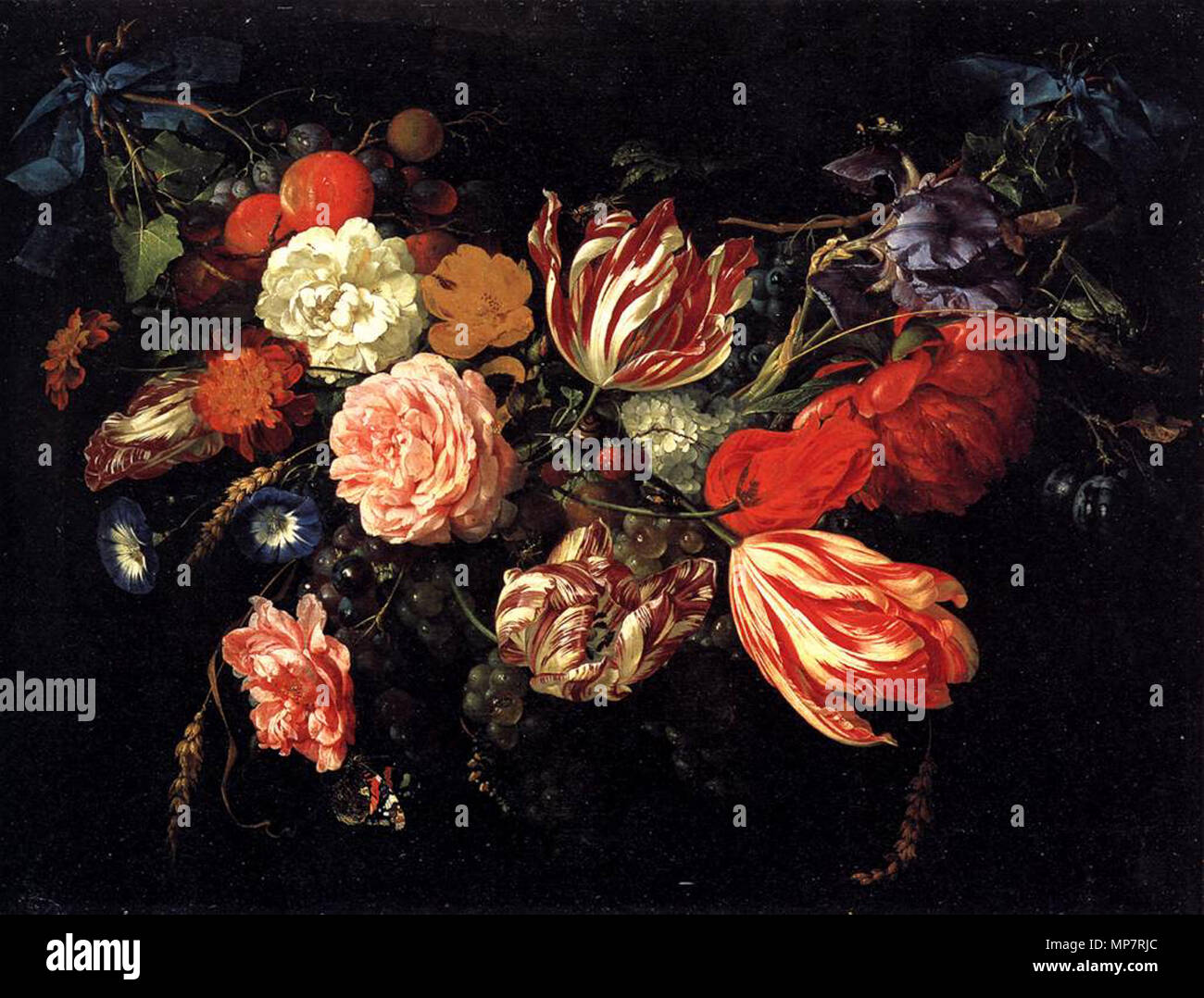 Festone di fiori e frutta. Questo dipinto presenta almeno quattro Semper Augustus tulipani. Questi fiori sono state considerate estremamente preziose al momento questa commissione dipinti. 1699s. 706 Jan-Davidsz-de-Heem-festone con fiori e frutti-(1670) Foto Stock