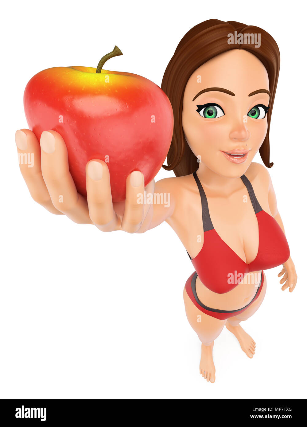 3d giovani illustrazione. Donna in bikini con una mela rossa Isolato sullo sfondo bianco. Foto Stock