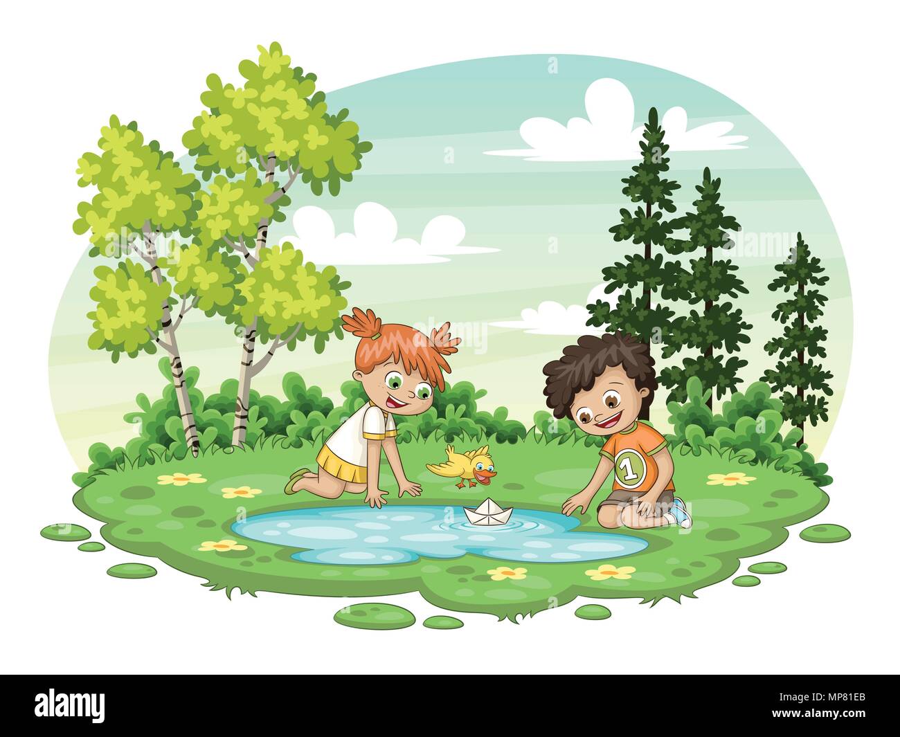 Due bambini di giocare con una barca da al lago Illustrazione Vettoriale