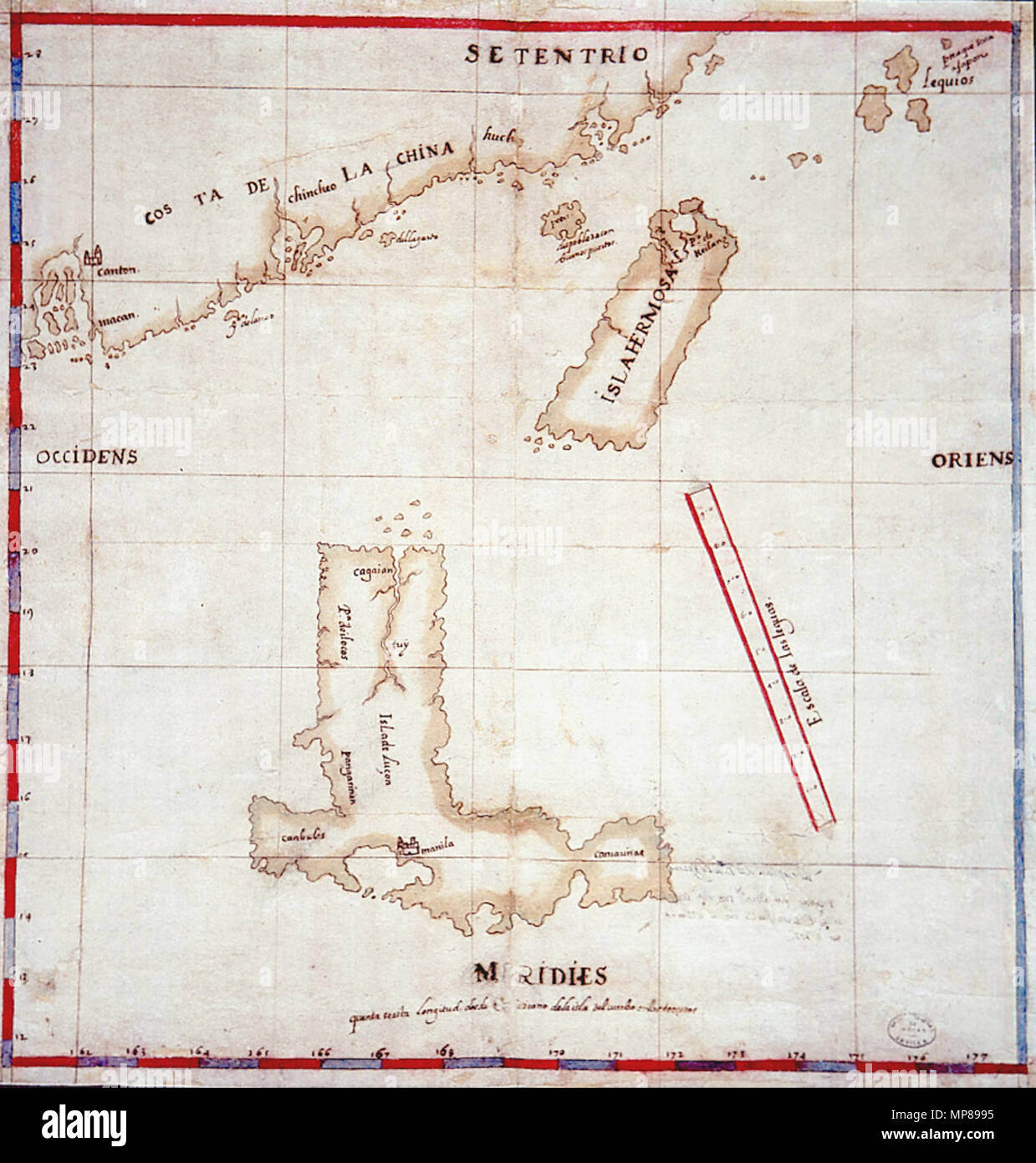 . Inglese: nel 1597, Hernando de los Rios Coronel utilizzato questa mappa del Nord Philipinees e di Taiwan per mostrare la semplicità e l' importanza di stabilire una colonia su Formosa. Il suo posto preferito della colonizzazione è stata Jilong, nel nord, che è dato esagerata presenza su questa mappa (la grande baia a nord di Taiwan). Usato con il permesso dell'Archivo General de Indias, Siviglia, Spagna (trovare aiuto: MP Filipinas 216). 16 novembre 2006, 13:50:56. Sconosciuto 852 Mappa di Luzon, Isla Hermosa (Taiwan), e una parte della costa della Cina, 1597 Foto Stock