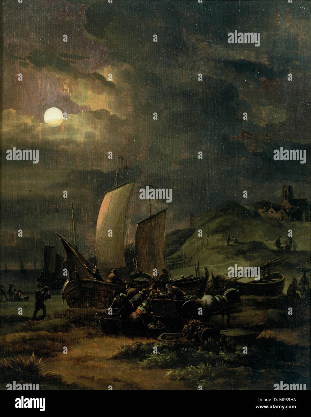 Barche di pescatori sulla spiaggia di notte circa 1650-1660. 1011 barche di pescatori sulla spiaggia di notte da Egbert van der Poel Museum Rotterdam 11749 Foto Stock