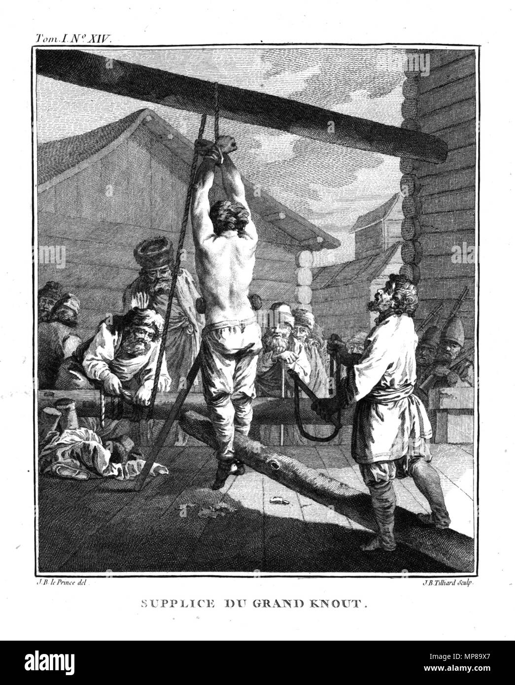 Inglese: la punizione con il grande knout. Français : Supplice du grand knout. Inglese: una stampa che mostra un uomo spogliato per la cintura e appeso ad una trave con le mani con le zampe legate ad un registro, pronto per essere montata con una knout, un pesante flagello-come più frusta di solito realizzata di un mazzetto di rawhide tanga attaccato ad un manico lungo. . Circa 1765.. 712 Jean-Baptiste Le Prince, supplice du grand knout (c. 1765) Foto Stock
