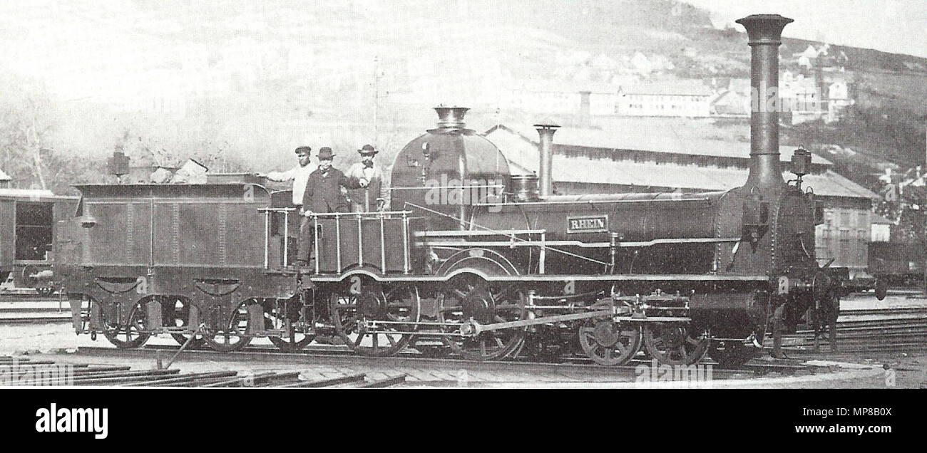 . Dampflokomotive "Rhein' der NOB Bauart D 2/4 Nummer 3. Aufnahme im Hauptbahnhof Zürich. Aufnahme zwischen 1847 und 1868 (Ausrangierung). Autor unbekannt. Da das bild älter aber als 100 Jahre ist anzunehmen ist das es ist gemeinfrei. 932 NOB-D-2-4-NR3 Foto Stock