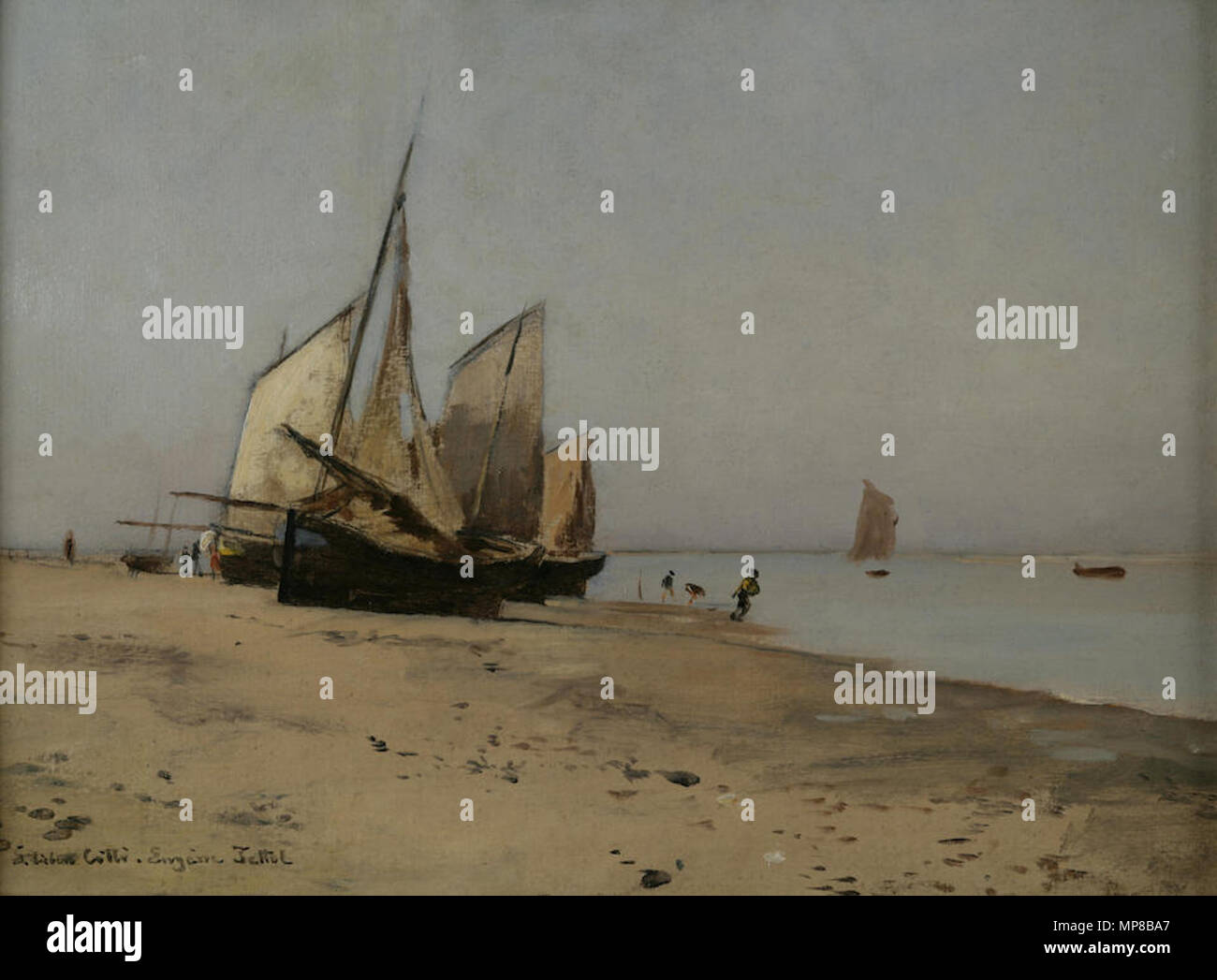 . Inglese: navi su una spiaggia. Olio su pittore della scheda, 32,2 x 43,2 cm. Firmato . Entro e non oltre il 27 agosto 1901. 718 Jettel-Ships su una spiaggia Foto Stock
