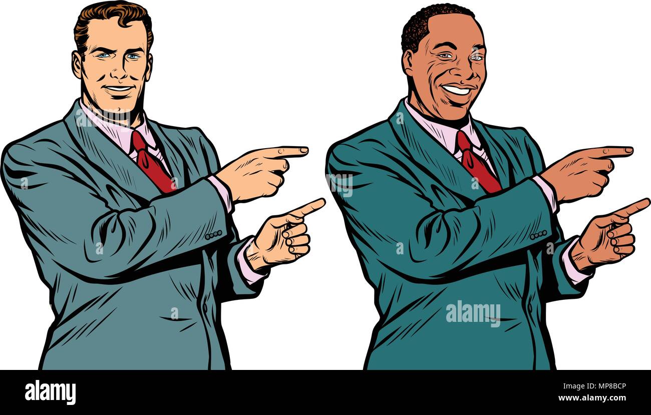 Il bianco e il nero imprenditore puntare il dito lateralmente Illustrazione Vettoriale