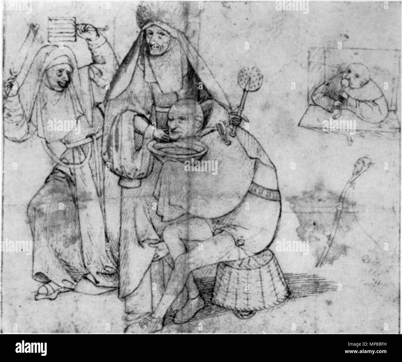 Un comico barbiere scena.[1] titolo alternativo(s): uno sciocco, seduto su un cestello, in procinto di essere rasata da una suora tenendo una fetta di ferro; un altro nun dietro con un paio di pinze e una graticola, a destra un uomo giocando un tubo in corrispondenza di una finestra e un Fool's ninnolo di seguito.[2] tra il 1477 e il 1516. Hieronymus Bosch (circa 1450-1516) nomi alternativi Jheronimus Bosch, Jheronimus van Aken, Jheronimus van Aeken, Jheronimus Anthonissoen van Aken Descrizione pittore fiammingo e cassetto Data di nascita e morte nel 1450 circa 9 agosto 1516 (sepolta) Luogo di nascita e morte di 's-Hertogenbosch 's-Hertogenbosch periodo di lavoro Foto Stock