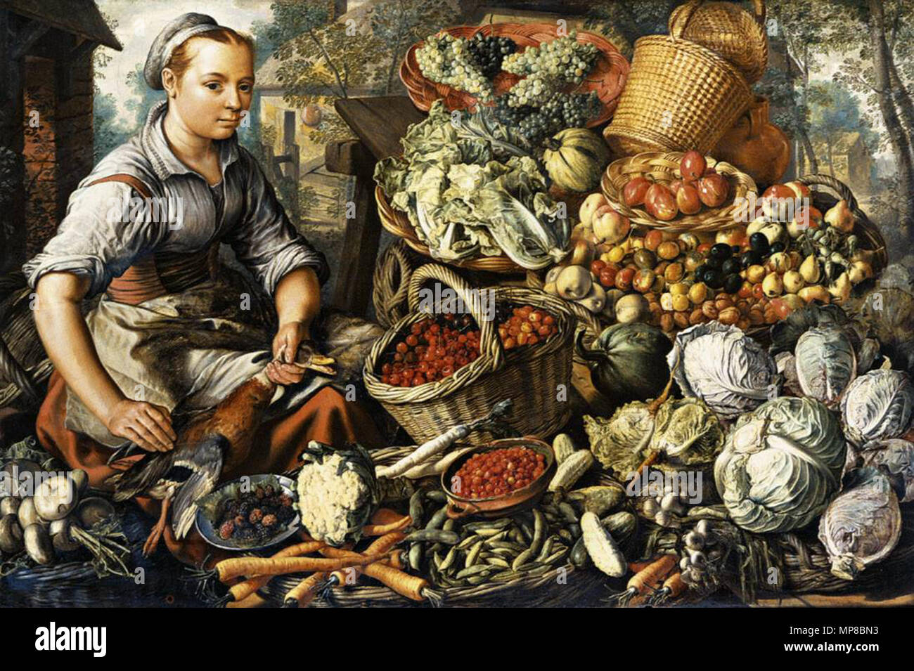 Donna di mercato di frutta e verdura e pollame 1564. 720 Joachim Beuckelaer - Mercato di donna con frutta e verdura e pollame - WGA02119 Foto Stock
