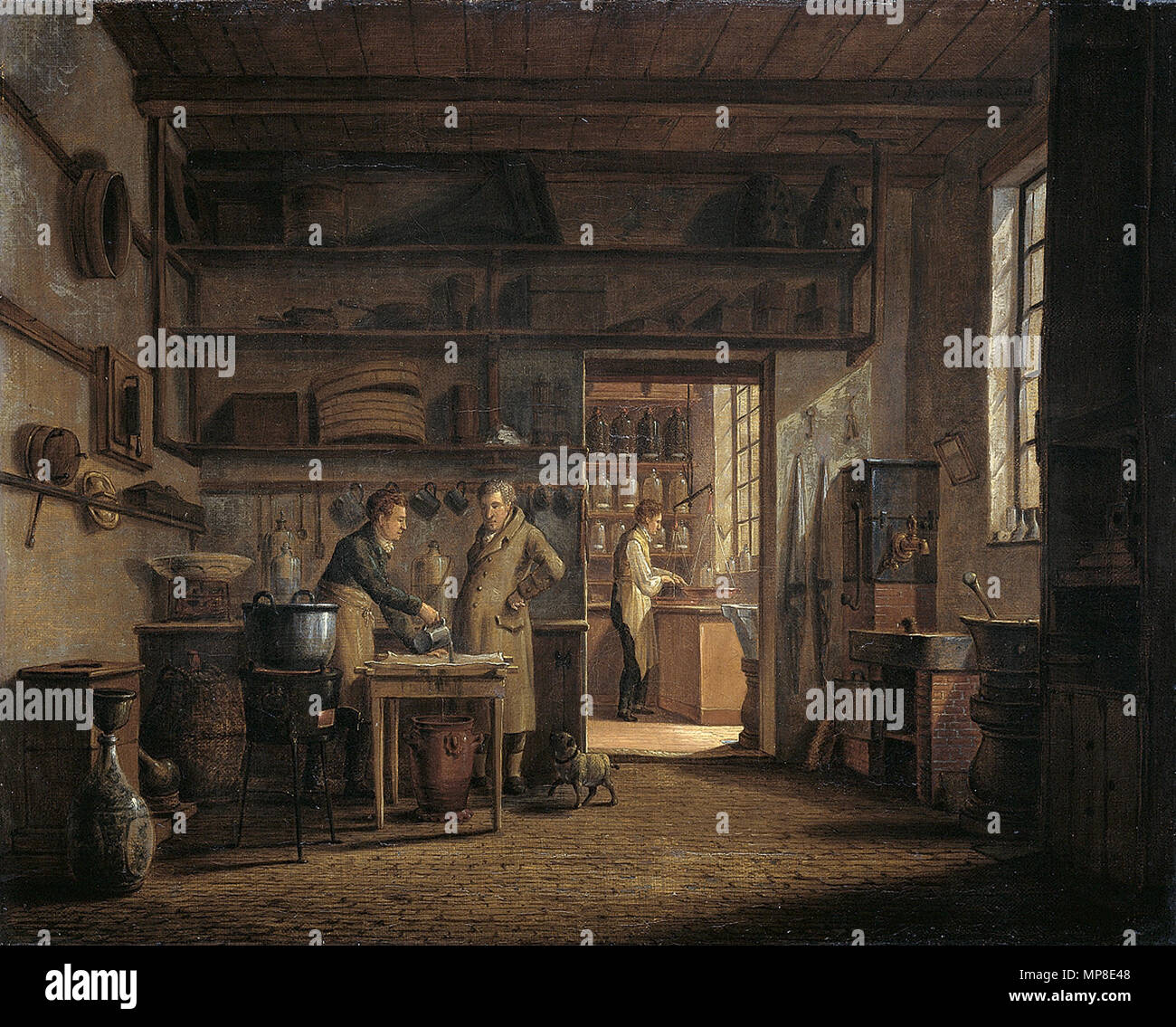 Interno del laboratorio del farmacista Stoockhuys. Interno del laboratorio del apothocary 'Stoockhuys' olio su tela 42 cm x 52 cm . 1818. 729 Johannes Jelgerhuis - Interieur van laboratorium van de apotheek het 'Stoockhuys' Foto Stock