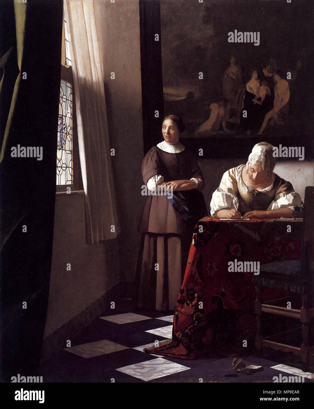 Signora scrivendo una lettera con la sua cameriera circa 1670. 730 Johannes Vermeer - Lady scrivendo una lettera con la sua cameriera - WGA24696 Foto Stock