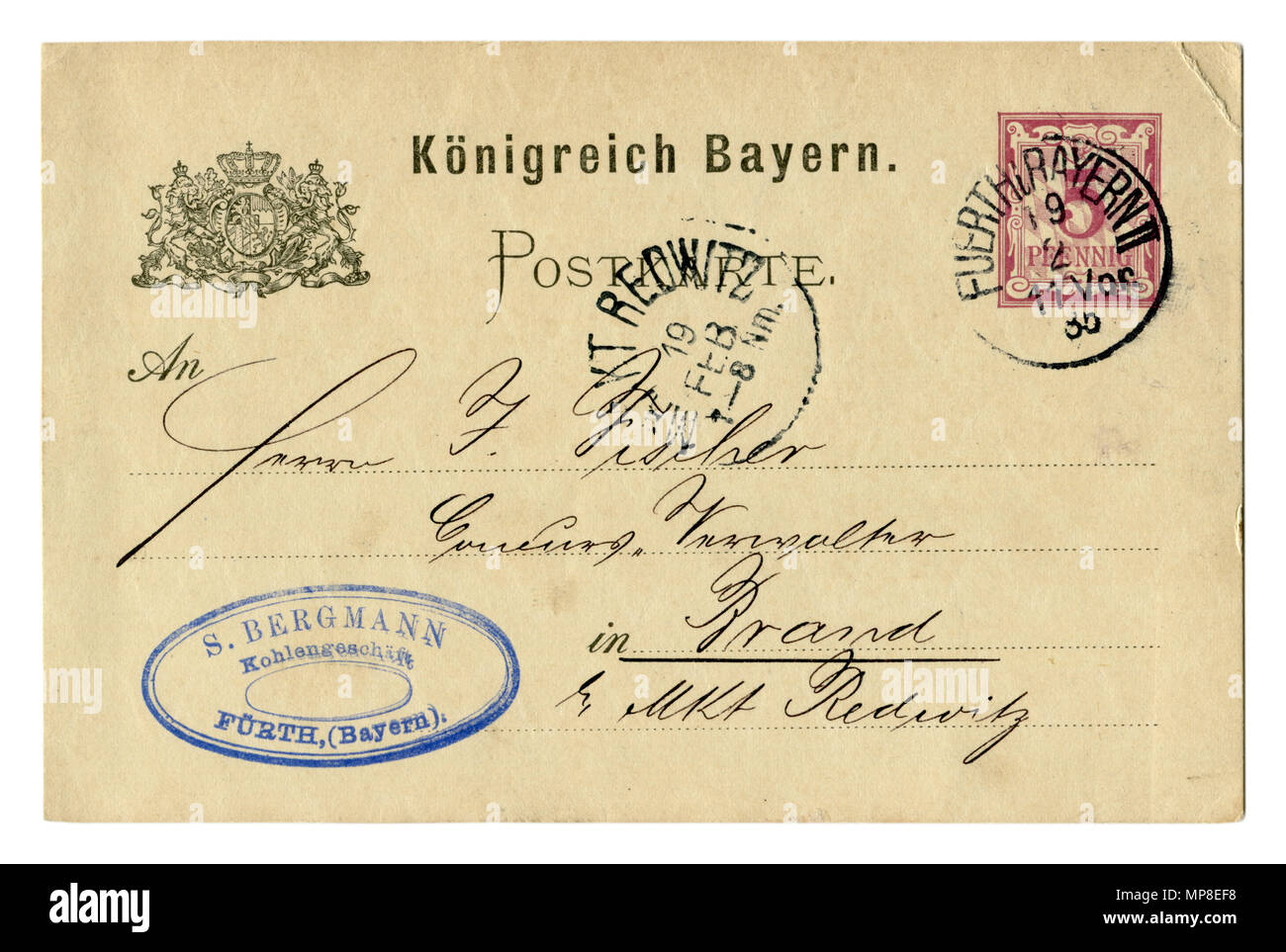 Vecchia cartolina del tardo XIX secolo, lettera commerciale, stemma, farà fede il timbro postale, timbro. 1885 il Regno di Baviera, Impero Tedesco, Germania Foto Stock