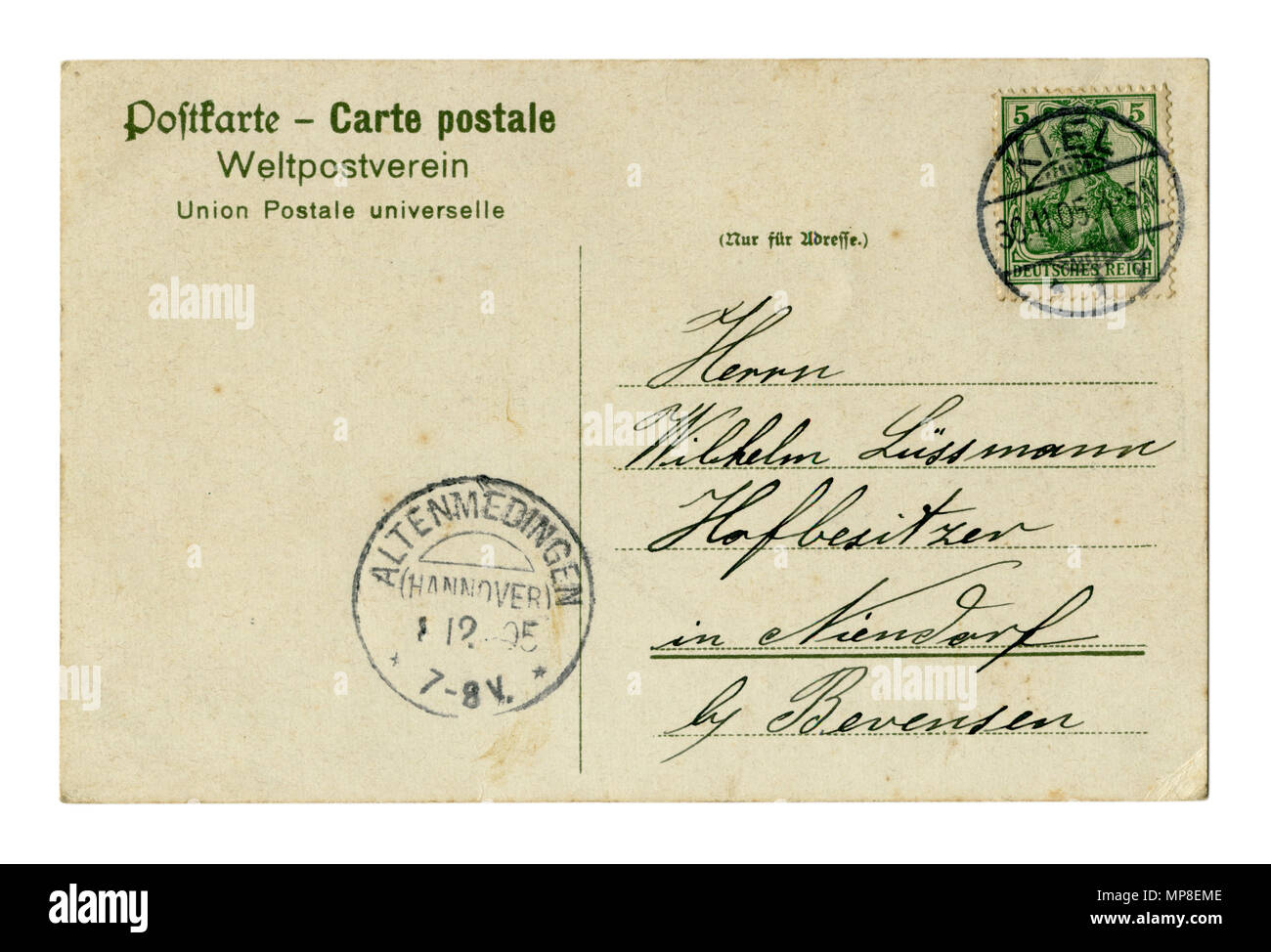 Retro della vecchia cartolina tedesca (MN0MJG) lettera scritta in inchiostro nero. Keel-Altenmedingen (Hannover), 1905, Germania Foto Stock