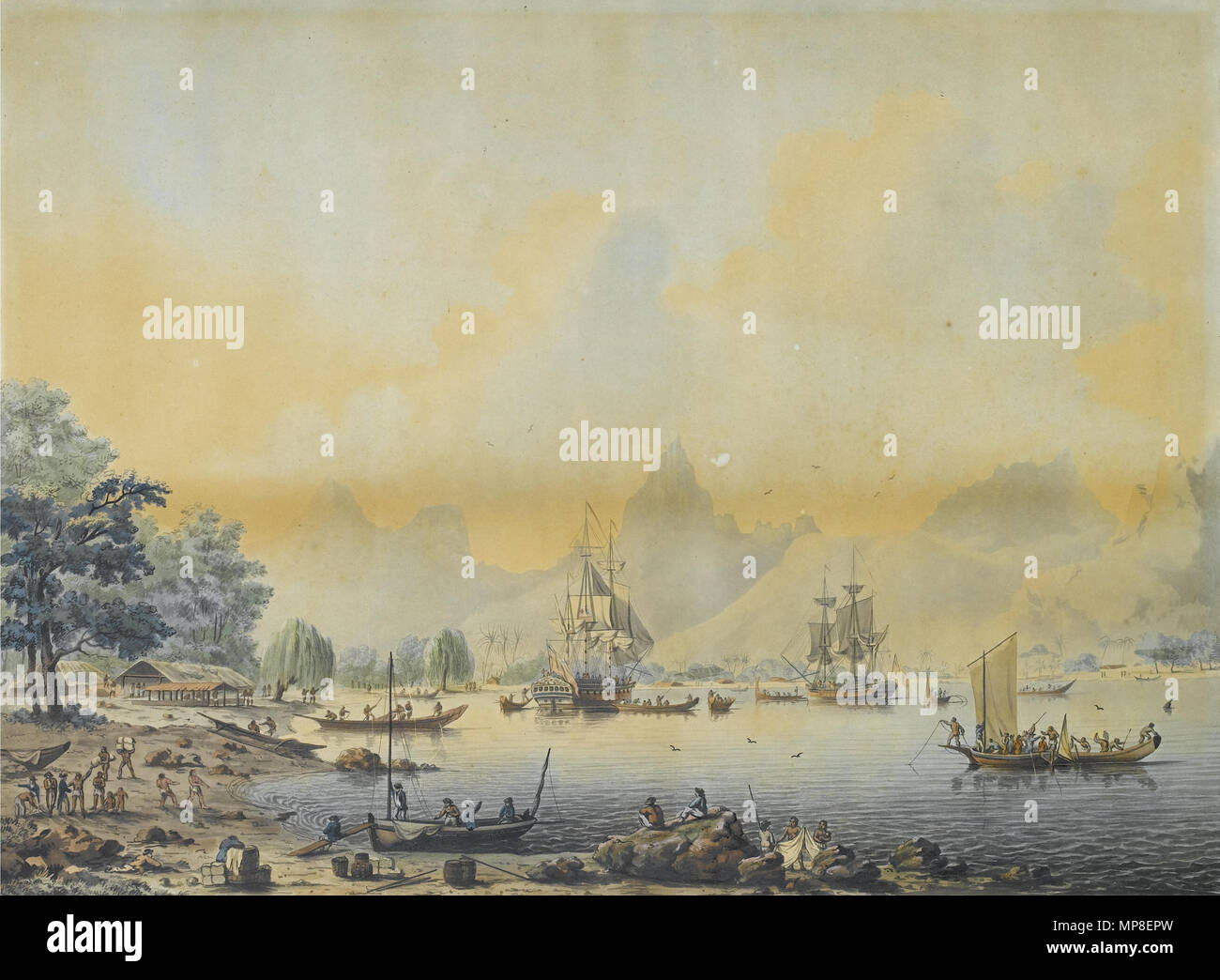 . Inglese: Opinioni dei Mari del Sud, un set di quattro. 1. Vista di Huaheine, una delle isole della Società; 2. Vista di Morea, uno dei friendly islands; 3. Vista di Charlotte Sound in Nuova Zelanda (sic, effettivamente una vista nella baia di Matavai, Tahiti); 4. Vista di Owhyhee, una delle isole Sandwich australi (noto anche come "La morte di Cook") colorate a mano aquatints pubblicato da F. Jukes nel 1787-88. 43 x 59cm (16 15/16 x 23 1/4in) (dimensioni immagine) (4). Questo raro set di quattro aquatints si riferisce a cucinare il terzo viaggio. Gli acquerelli da cui queste stampe sono state incise sono state dipinte da James Cleveley, falegname sul reso HMS Foto Stock