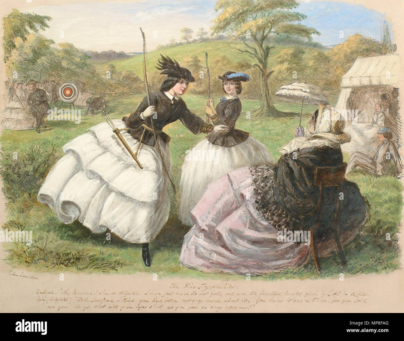 . Inglese: la Fiera Toxophilites./Costanza. "Oh, Mamma! Io sono così felice, ho appena fatto il miglior oro, e ha vinto il braccialetto bella data dal capitano fucili.!/Lucy (deluso) 'Bene, Costanza, penso che è meglio non dire molto su di esso. Voi sapete che era un Fluke, per lei ha detto/me è sempre girato con gli occhi chiusi, come si sente in modo molto nervoso!" 51 x 65 cm . dal 1864. John Leech (1817-1864) nomi alternativi John Leech Descrizione caricaturista inglese e illustrator Data di nascita e morte 29 Agosto 1817 29 ottobre 1864 Luogo di nascita e morte Londra London Authority controllo : Foto Stock