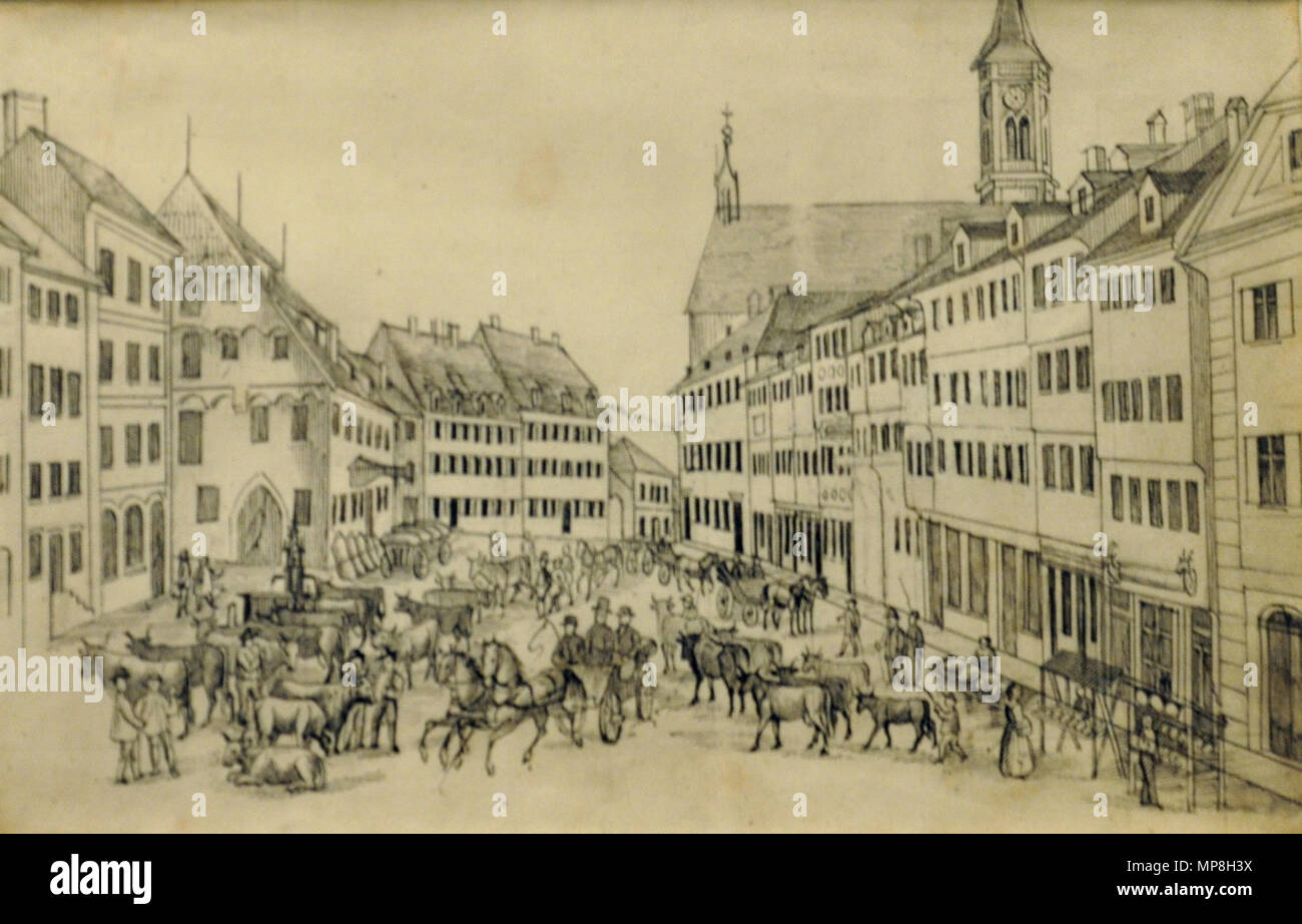 . Giuseppe Bayer: Ravensburg, Viehmarkt (heute: südlicher Marienplatz); Zeichnung . Xix secolo. Giuseppe Bayer (1820-1879) Descrizione pittore tedesco e litografo Data di nascita e morte 18 Aprile 1820 18 dicembre 1879 Luogo di nascita e morte Altdorf (Weingarten) Ravensburg sede di lavoro Weingarten (Württemberg), Ravensburg competente controllo : Q15944923 VIAF: 67270118 ISNI: 0000 0000 4989 5707 LCCN: nr94034899 GND: 119176947 WorldCat 740 Giuseppe Bayer Viehmarkt 19JH Foto Stock