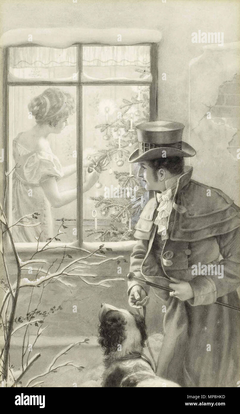 . Deutsch: 'Weihnachtsidylle', Grisaille-Aquarell auf Karton, ca. 27 x 17 cm inglese: metà del XIX secolo di raffigurazione dei primi del XIX secolo scena di uomo in moltiplica-tappata greatcoat guardando attraverso la finestrella a donna aggiungendo le candele per alberi di Natale. dal 1885. Joseph Schubert (1816-1885) 742 Joseph Schubert Weihnachtsidylle Foto Stock