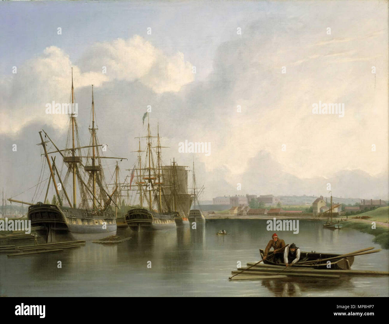 Spese di spedizione off Bristol. Inglese: un dipinto che mostra West Indiamen accanto a Bristol docks su Avon. La nave in primo piano sulla sinistra viene scaricato con il legname dall America. Alcuni scaricato legname galleggia sull'acqua. Un uomo può essere visto in piedi su una pila di tavole galleggianti come uno di essi viene abbassata dalla nave. Una figura si appoggia sopra la poppa per gestire il processo. La nave può essere avente il suo albero a gradini. Vi è un altro palo di listelli di legno galleggiante sul lato a tribordo della nave. Due uomini in barca a remi sono usando un palo e il gancio per la cattura di una piccola pila di PLA Foto Stock