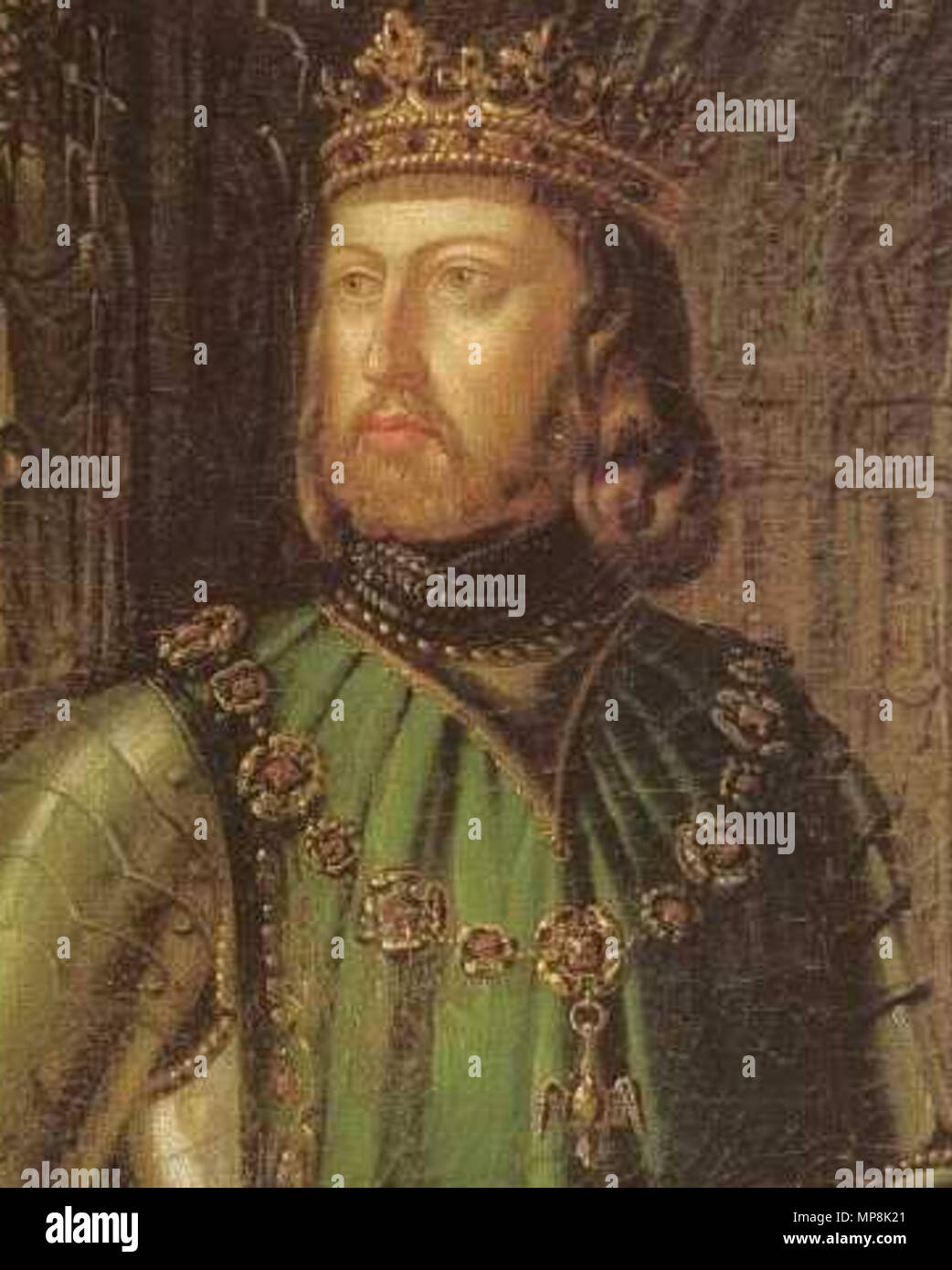 . Español: Retrato imaginario del Rey Juan I de Castilla (1358-1390). Fue hijo del rey Enrique II de Castilla y de la reina Juana Manuel de Villena, hija del célebre don Juan Manuel. Intentó spoderarse del Reino de Portugal pero fue derrotado aplastantemente en la batalla de Aljubarrota, librada en 1385. Falleció en 1390 en de Alcalá de Henares a los 32 años de edad y fue sucedido en el trono por su hijo, Enrique III de Castilla. Čeština: Obraz kastilského krále Jana I. z muzea Alcázar de Segovia, vyrez z JuanIdeCastilla.jpg . circa 1382. bosquete, vyrez 748 Juan I. Foto Stock