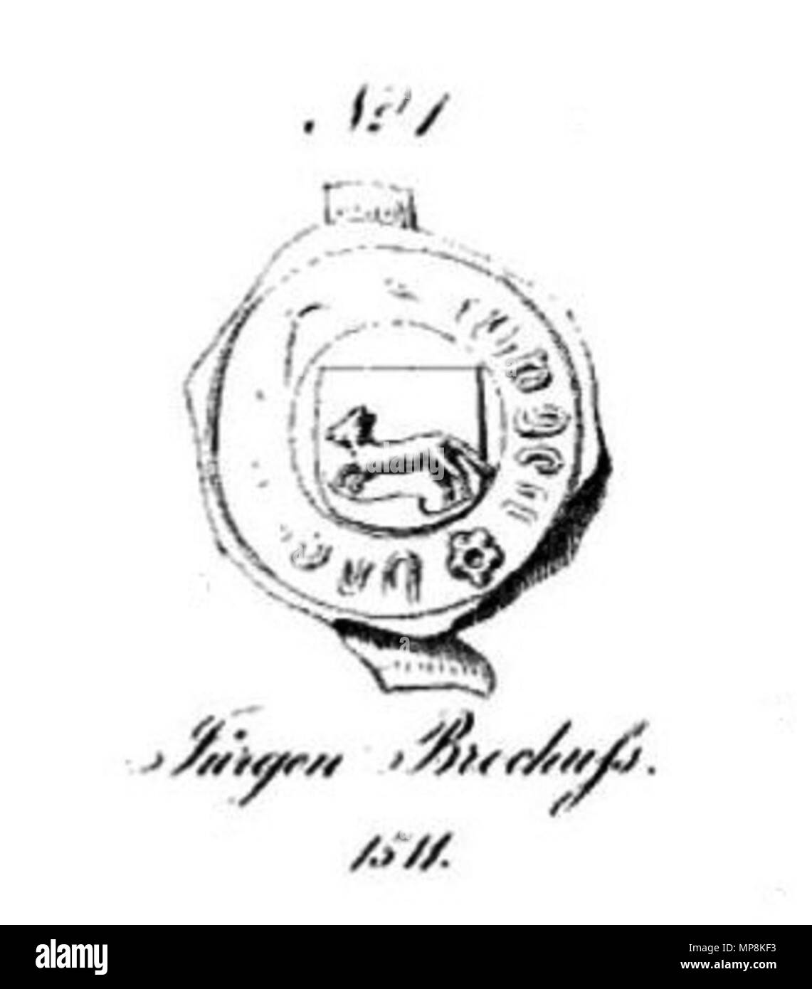 . Nachzeichnung Siegels eines von 1511 des Jürgen Brockhuss, Herr auf Groß-Justin, aus der Familie von Brockhusen, in einigen Zweigen des Geschlechts auch Brockhausen oder Bruchhausen genannt, eines Anfang des 13. Jahrhunderts über Mecklenburg nach Pommern eingewanderten ritterbürtigen Geschlechts. Xix secolo. Sconosciuto 750 Juergen Brockhuss-Siegel 1511 Foto Stock