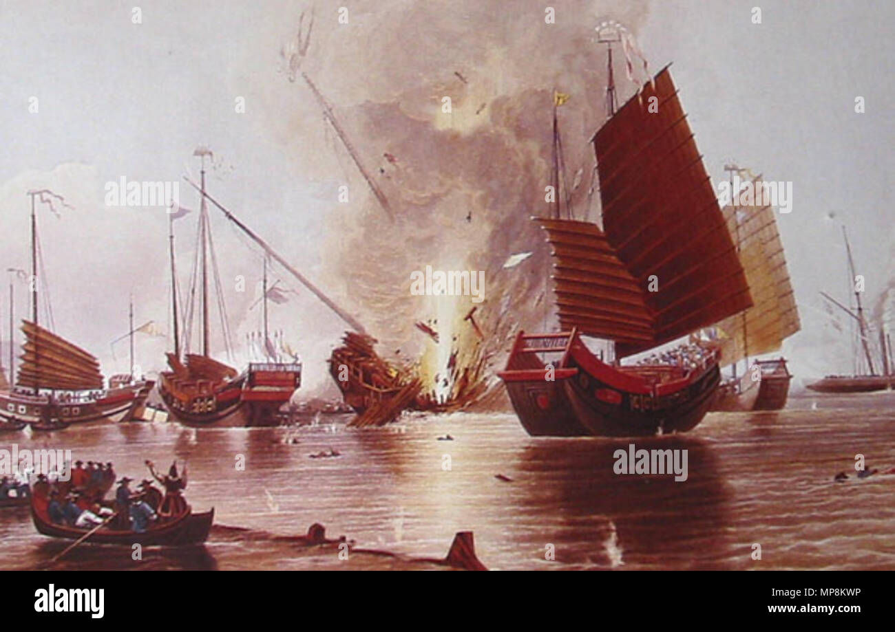 . Inglese: il ferro in nave a vapore "nemesi", comandata dal tenente W. H. Hall, con barche da 'Sulphur', 'Calliope', 'Larne' e 'Starling', distruggendo il cinese giunche da guerra in Anson Bay, il 7 gennaio 1841. Questa è stata la seconda battaglia di Chuenpi, una delle azioni nella prima guerra di oppio con la Cina, 1839-42. Deutsch: Das britische Schiff HMS Nemesis zerstört chinesische Dschunken zu Beginn des ersten Opiumkrieges. Português: Juncos cinesi sob forte bombardeio inglês duranti un malfadada Guerra fare Ópio, Litografia britânica fare 1843. . Il 30 maggio 1843. 752 Juncosob bom Foto Stock