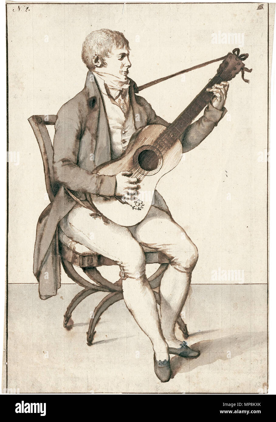 . Gitarrenspieler. Pinsel in Grau und Braun, mit Spuren von Deckweiß. 35,6 x 24,4 cm. Oben links nummeriert "N. 2. circa 1780. Anonimo 752 Junger Gitarrenspieler I c1780 Foto Stock