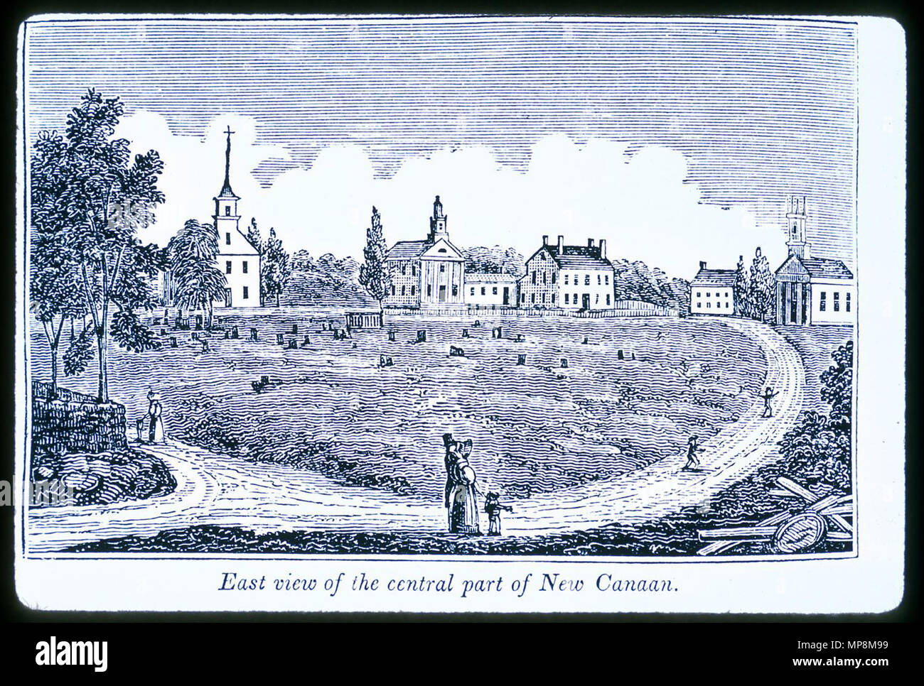 Vista Est della parte centrale del nuovo paese di Canaan. (Secondo la città verdi sito Web, "blocco di legno incisione da un disegno di John Warner Barbiere ... 1836' http://www.towngreens.com/exhibits/index.cgi/8/page3.htm ) da pagina 386 del barbiere di 'Connecticut collezioni storiche' (1838) La Biblioteca Call No. 974.6 B23c . 1838. 753 JWBarberEastViewNewCanaan Foto Stock