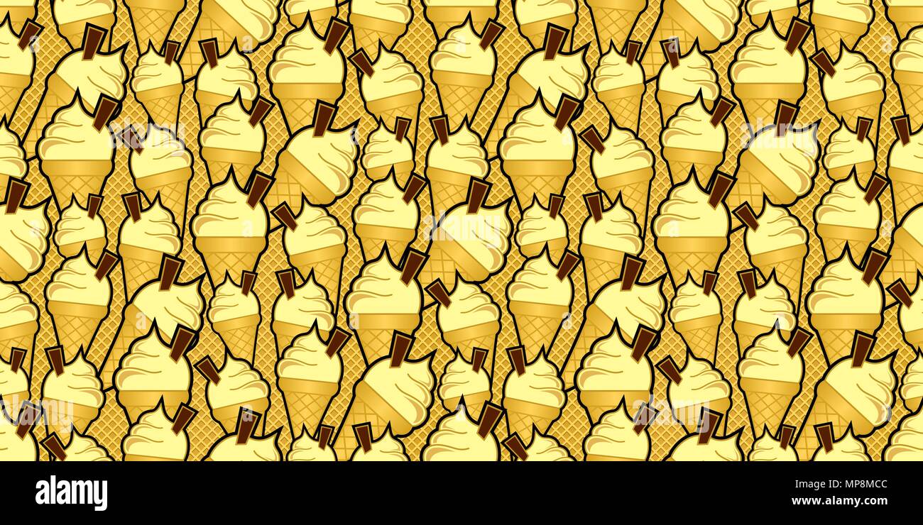 Gelato alla vaniglia coni con scaglie di cioccolato contro una perfetta waffle sfondo Illustrazione Vettoriale