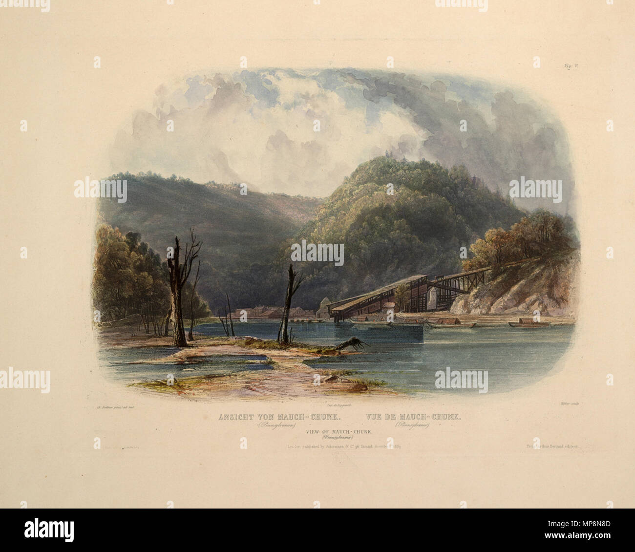 . Inglese: "La puntasecca' da Karl Bodmer (1809 - 1893). Vedere: categoria:Lehigh River questa è una vista del fiume Lehigh sud-southeasterly attraverso il cosiddetto "mancanza acqua piscina' sopra il limite inferiore di Lehigh Canal come visto dal litorale di Oriente Mauch Chunk* situato tra Mauch Chunk, (Pennsylvania (adesso Jim Thorpe, PA) e a monte Nesquehoning, PA nella contea di carbonio, Pennsylvania. Raffigurato è il carbone chiatta banchine di carico e dello scivolo che chiude il Vertice Hill & Mauch Chunk Railroad, che esistevano oltre 111 anni; convertito in 1890 al unicamente un turista e locale ferrovia merci, durò operati Foto Stock