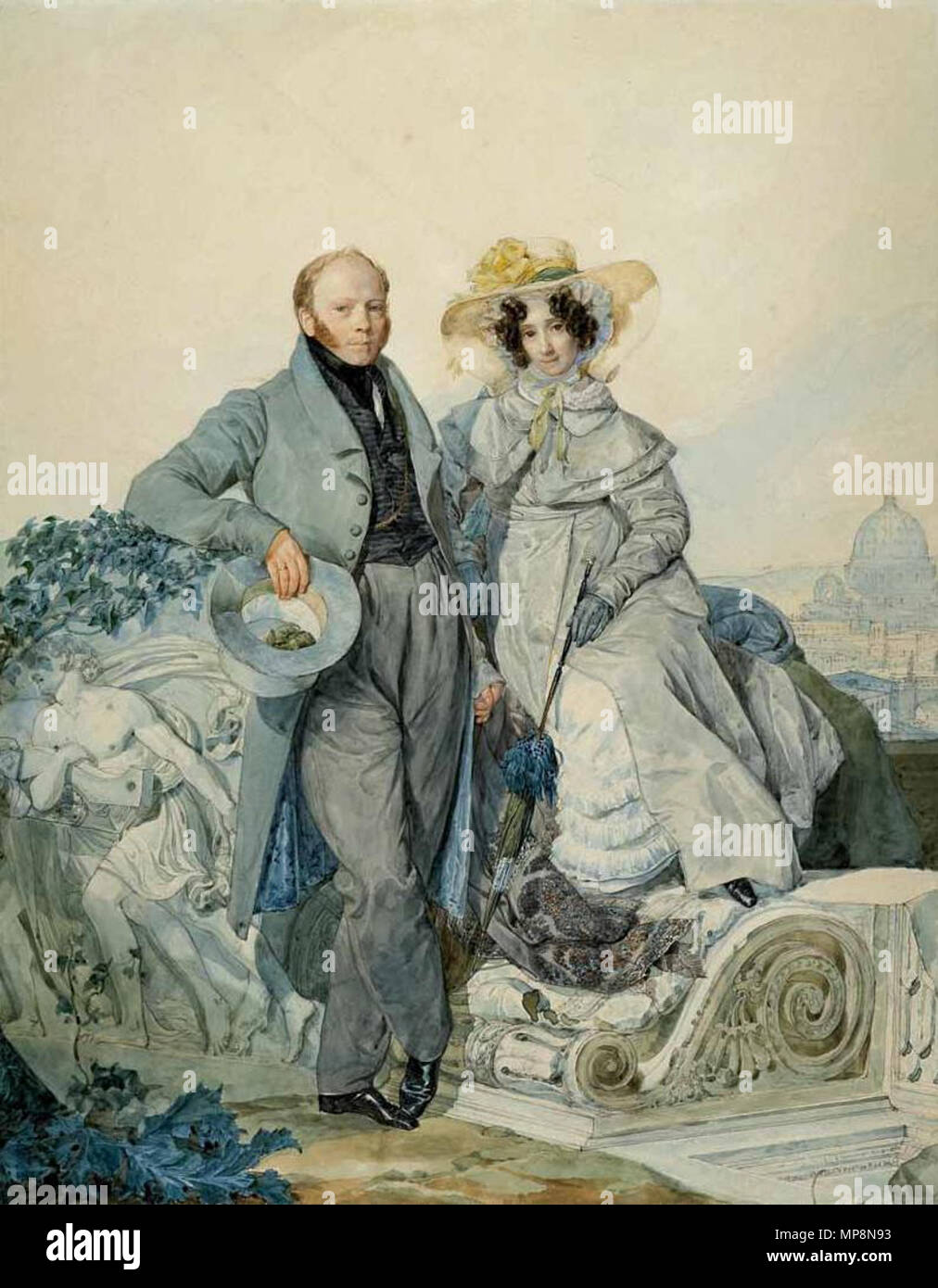 . Русский: Портрет Г. Н. И В. А. Олениных. 1827. Бумага, акварель. 42,5 x 33,5 см. Государственная Третьяковская галерея, Москва, Россия. Комментарий. Оленин Григорий Никанорович (1797-1843), его супруга - двоюродная племянница Варвара Алексеевна Оленина (1802-1877. Inglese: Ritratto di G. N. e V. A. Olenin. 1827. Acquerello su carta. 42,5 x 33,5 cm. Lo stato Galleria Tretyakov a Mosca, Russia . 1827. Karl Bryullov (1799-1852) Descrizione russo pittore e architetto Data di nascita e morte 23 Dicembre 1799 23 Giugno 1852 Luogo di nascita e morte di San Pietroburgo Manziana SEDE DI LAVORO S Foto Stock