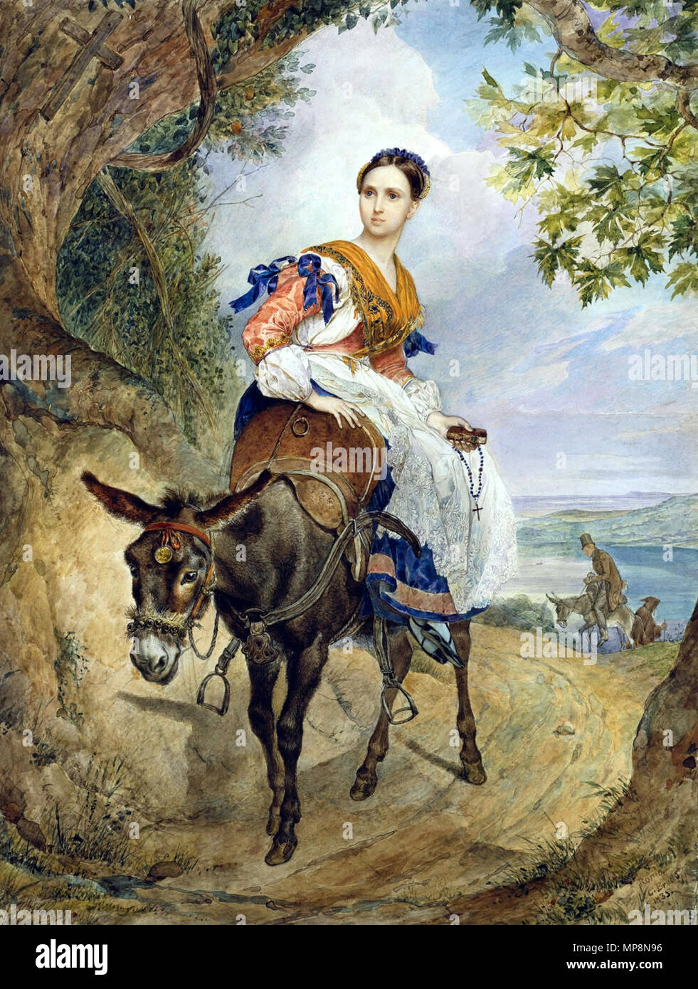 Olga Fersen su un asino. Inglese: Commentarius. Olga Pàvlovna Fernsen (1808-1837), née Stroganov, figlia di Sofia Vladimirovna Golitsyn e Pavel Aleksandrovic Stroganov, nipote della principessa H. P. Golitsyn) Русский: Ольга Ферзен на ослике, 1835. Бумага, акварель. Государственный Русский музей, Санкт Петербург-, Россия. Комментарий. Ольга Павловна Фернзен (1808-1837), урождённая Строганова, дочь Софьи Владимировны Голицыной и Павла Александровича Строганова, внучка княгини Н. П. Голицыной) . 1835. 758 Karl Brullov 14 Foto Stock