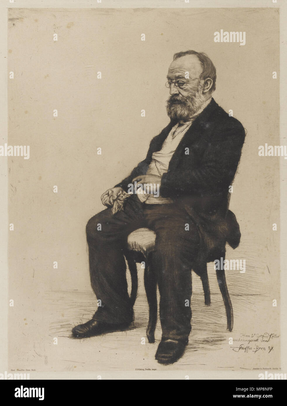 . Deutsch: Gottfried Keller. Radierung, 'Herrn Dr Gottfried Keller/verehrungsvoll von/Stauffer-Bern 87.', 'bezeichnet Karl Stauffer-Bern fecit.', 'O. Felsing, Berlino impr.', 'Amsler & Ruthardt, Berlino W.', 38,3 x 28,7 cm . 1887. 759 Karl Stauffer-Bern Gottfried Keller Foto Stock