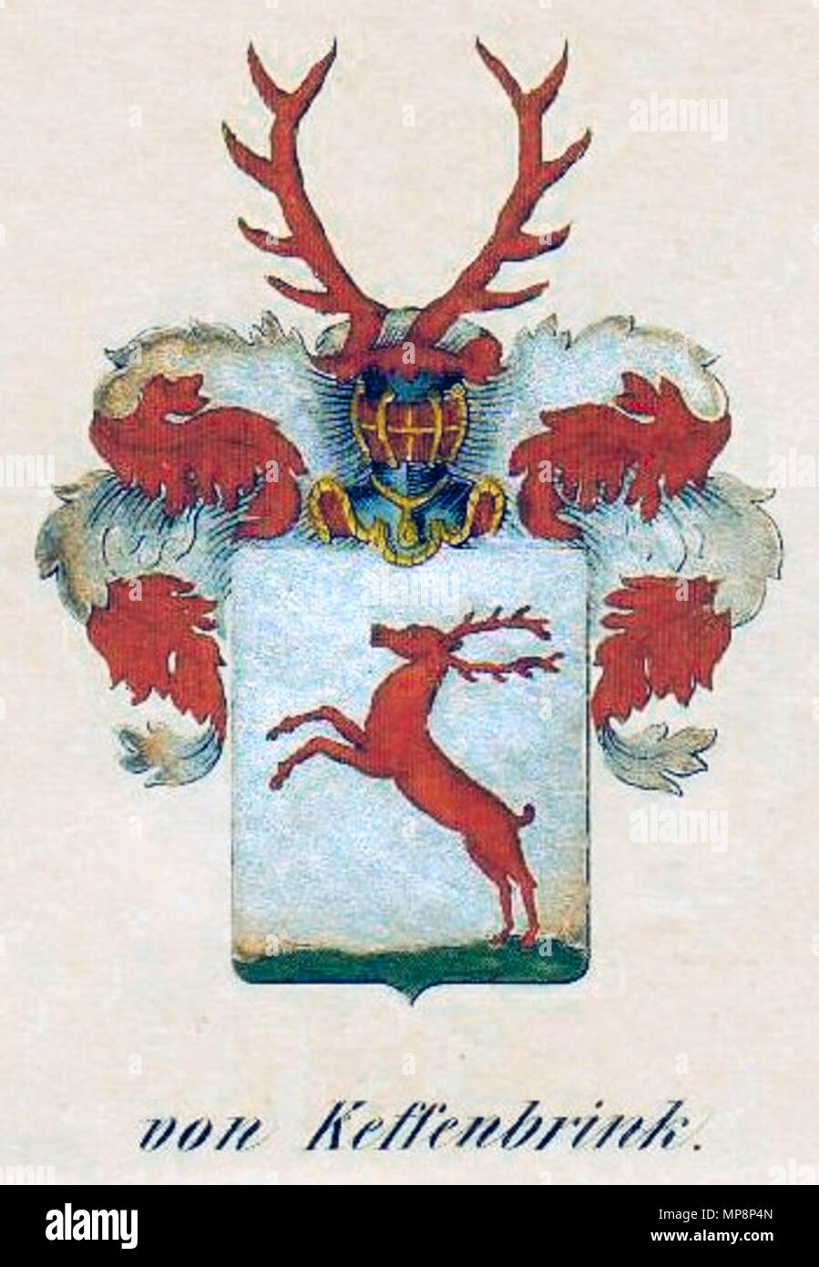 . Wappen von der Keffenbrink (Keffenbrinck), Auch Kewenbrinck oder Keffenbrinck von Rhene, sowie in einer Nebenlinie auch Rehnskiöld, eines ursprünglichen rheinländischen, erloschenen pommersch-schwedisch-preußischen Adelsgeschlechts. 1837. Sconosciuto 762 Keffenbrink-Wappen Foto Stock