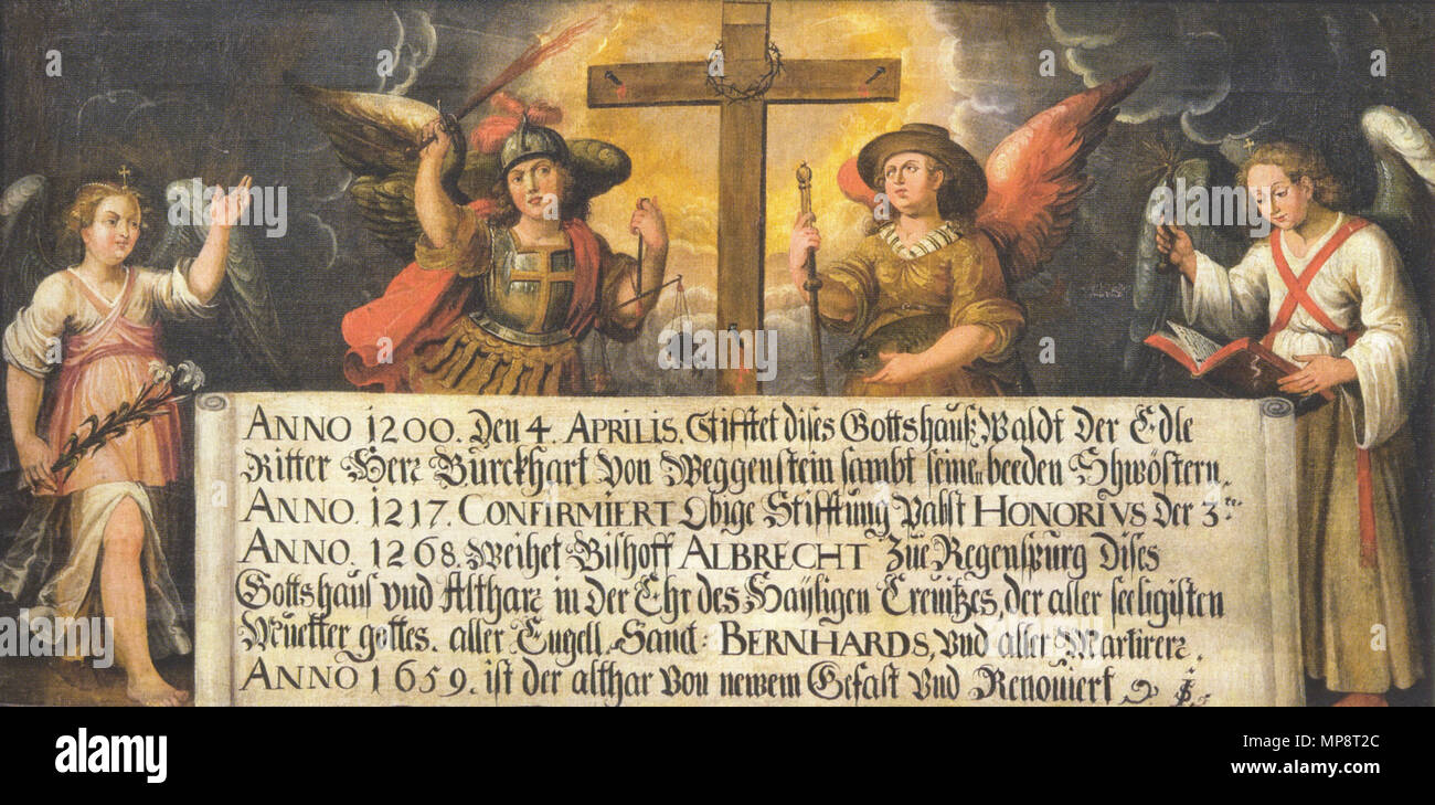 . "Stiftungstafel" des Klosters Wald mit den Erzengeln Gabriel, Michael, Raphael und Uriel; unbekannter Maler, 2. Hälfte 17. Jh., Öl auf Leinwand, 53 x 128 cm, "Fürstlich Hohenzollernsche Sammlungen" . Il XVII secolo. Sconosciuto 770 Kloster Wald Stiftungstafel 17JH Foto Stock