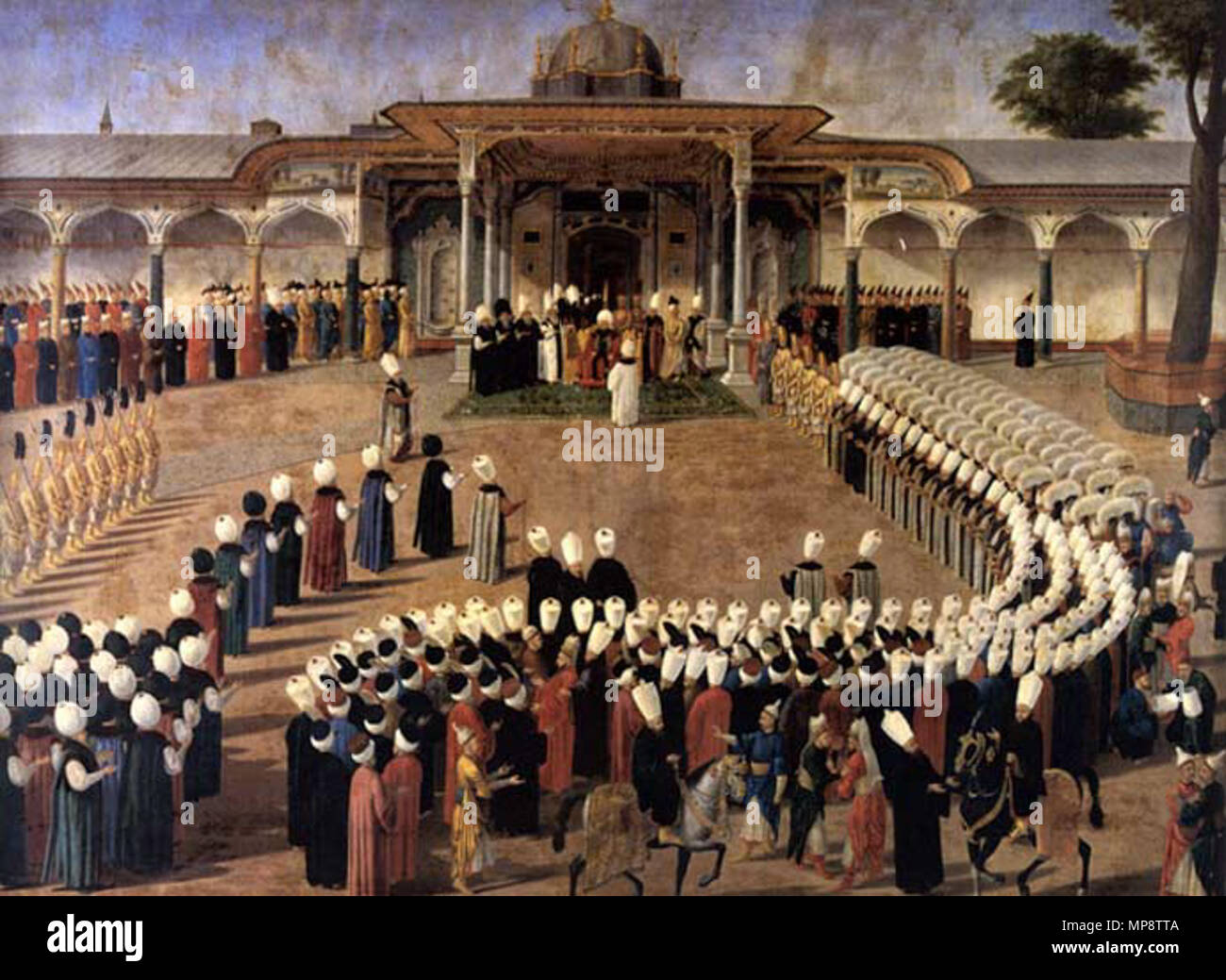 . Sultan Selim III tenendo un pubblico davanti al cancello della felicità. Cortigiani sono assemblati in un protocollo rigoroso. Olio su tela. Topkapı Sarayı Müzesi, Istanbul (Inv. 17/163) . tra 1789 e 1807. Konstantin Kapıdağlı 773 Konstantin Kapidagli 001 Foto Stock