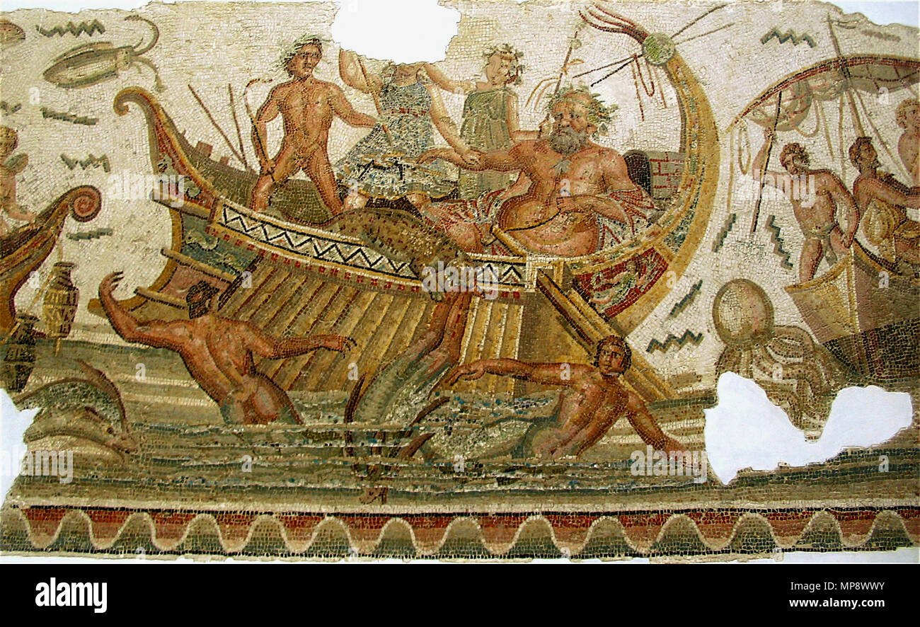 . Français : Bacco lutte contre des créatures marines et des pirati. Mosaïque du Musée national du Bardo à Tunisi. Italiano: il corteggio di Bacco lotta contro creature marine. Mosaico Pavimentale romano al Museo del Bardo a Tunisi. II secolo d.C. Inglese: nord africana di mosaico romano, datato 2° secolo D.C.: Panther-Dionysus diffonde i pirati, che vengono modificate per i delfini, eccetto per il fatto di Acoetes, il timoniere. Situato nel Bardo Museo Nazionale di Tunisi, Tunisia. . 16 Maggio 2010 21:52 (UTC). GiorcesBardo53.jpg: Giorces lavoro derivato: Habib.mhenni (PARLA) 922 Nettuno et les pirates Foto Stock