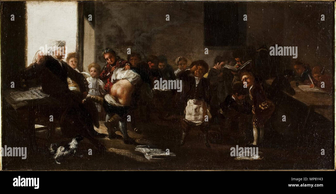 La letra con sangre entra. Español: La letra con sangre entra o Escena de escuela. 19,7 x 38,7 cm. Óleo sobre lienzo. Museo de Zaragoza (adquirido por el Gobierno de Aragón en 2008 a La Galería Caylus).. . Tra circa 1777 e circa 1785. 784 La letra con sangre entra Foto Stock