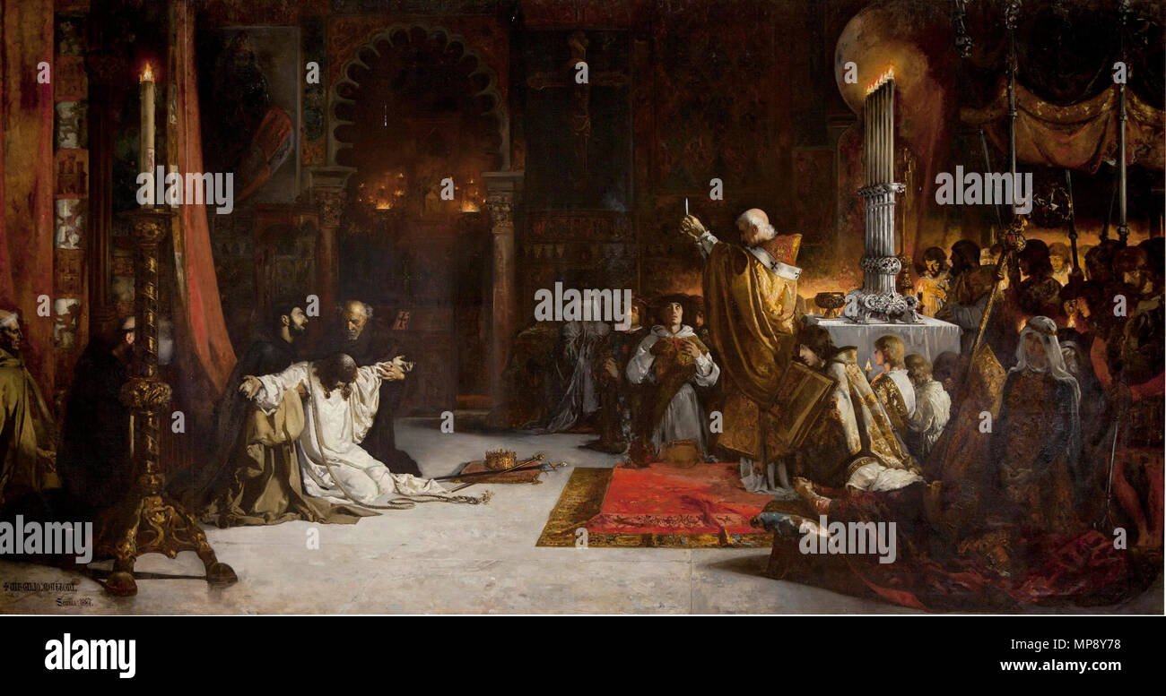 Las postrimerías de Fernando III El Santo. Español: La obra rappresentanouna los últimos momentos del Rey Fernando III de Castilla († 1252), apodado el Santo, que falleció en la ciudad de Sevilla el día 30 de mayo de 1252, y es considerada la obra cumbre del Pintor sevillano Virgilio Mattoni. Este lienzo fue pintado para la Exposición Nacional de 1887, donde fue premiado con la segunda medalla y el modo en que quedó representada la muerte del monarca está inspirado en onu fragmento de la Crónica de España, que fue compuesta duranti el reinado de su propio hijo y heredero, Alfonso X el Sabio. . 1887 Foto Stock
