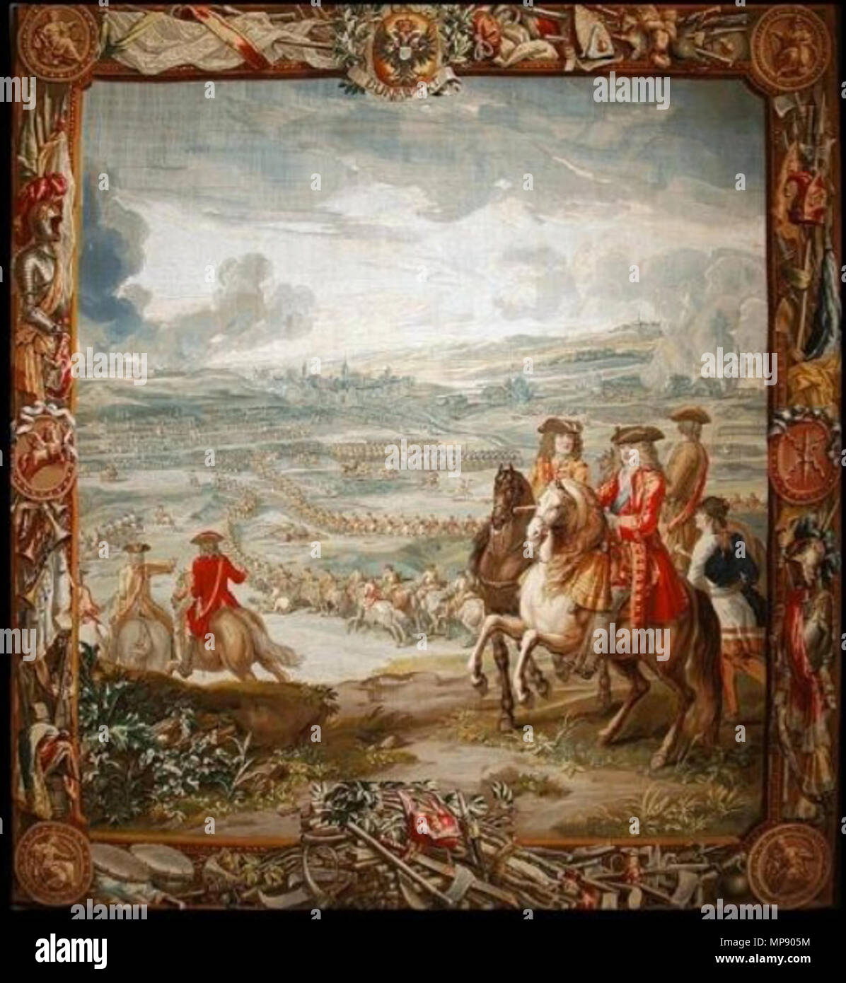 Inglese: Schellenberg, 2 luglio 1704 dalla vittoria di arazzi di John Churchill . Inglese: qui possiamo vedere Marlborough proprio approccio alla fortezza collinare a Schellenberg, parte della sua campagna per salvare il capitale degli Asburgo di Vienna da un anticipo minacciato dal Re Louis XIV . Il XVIII secolo. 790 Lambert de Hondt (II) - Schellenberg (Vittoria arazzi di John Churchill) Foto Stock