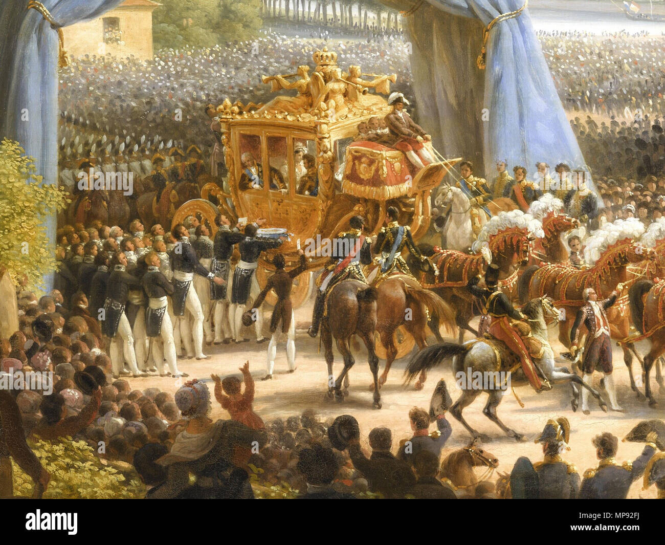 Français: Entrée de Carlo X à Paris, par la Barrière de la Villette, après son sacre. 6 juin 1825 Inglese: Entrata di Carlo X a Parigi alla porta di La Villette, dopo la sua Incoronazione. Il 6 giugno 1825. . 801 Lejeune LF Carlo X 1825 (golden coach dettaglio) Foto Stock