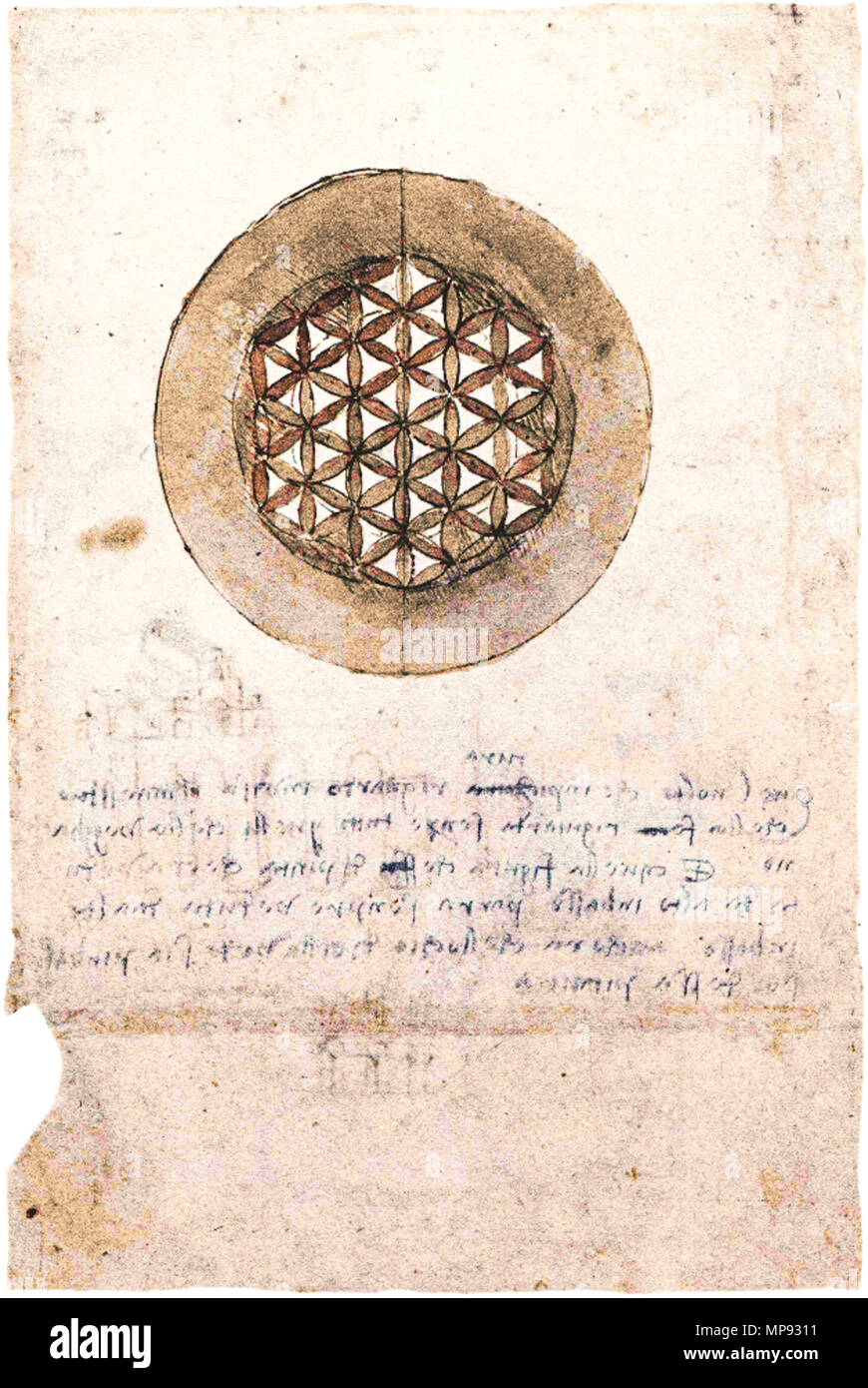 Inglese: questa è una foto di uno di Leonardo da Vinci i disegni di  strutture geometriche legate alla struttura ornamentale oggi denominata "Fiore  della Vita". Testo in italiano recita: Quel volto