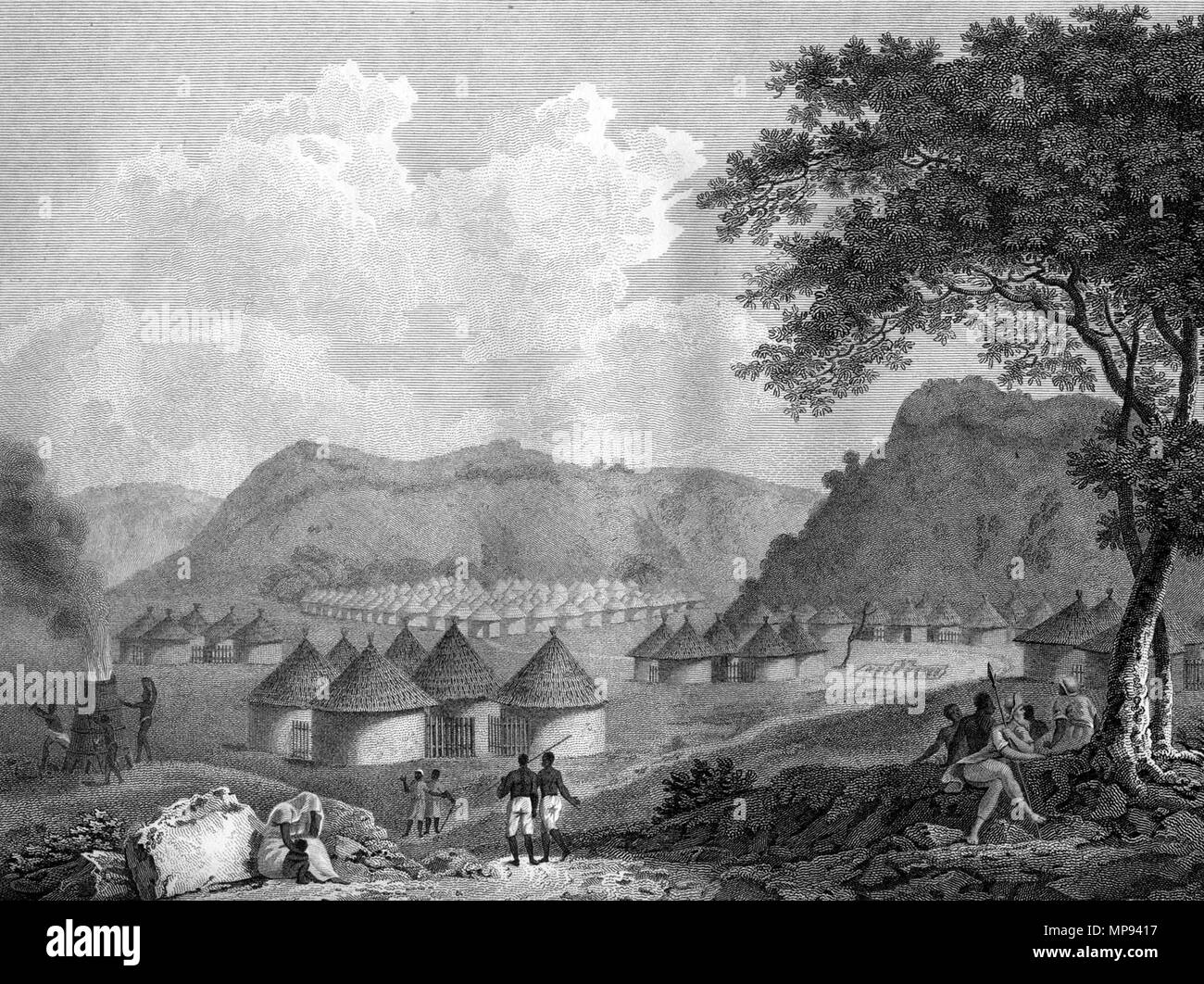 Vista di Kamalia nel paese Mandingo, Africa. Mungo Park: viaggi nei quartieri interni di Africa, 1a edizione, Londra, Blumer, 1799 756 Kamalia Mungo Park 1790s Foto Stock