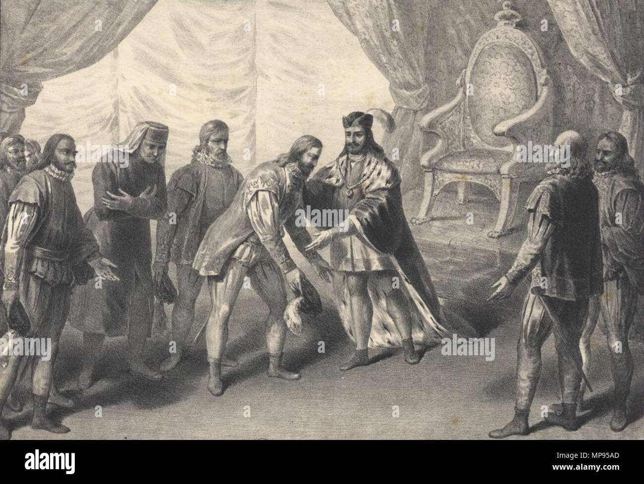 1225 Vasco da Gama, chegando de descobrir a Índia, é recebido por El-Rei D. Manuel em acto público e solemne Foto Stock