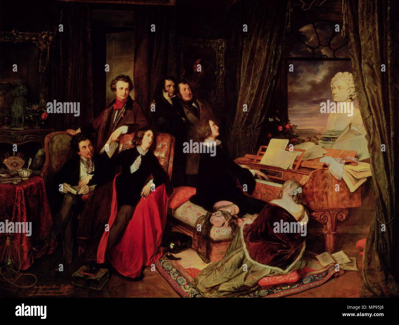 Franz Liszt fantasticando al pianoforte. Inglese: un dipinto di Franz Liszt giocando in un salone parigino un pianoforte a coda da Conrad Graf , che ha commissionato il dipinto; sul pianoforte è un busto di Ludwig van Beethoven da Anton Dietrich; la raccolta immaginato mostra seduto Alexandre Dumas (père), George Sand, Franz Liszt e Marie d'Agoult; standing Hector Berlioz o Victor Hugo, Niccolò Paganini, Gioachino Rossini; un ritratto di Byron sulla parete e una statua di Giovanna d'arco sulla sinistra. Posizione corrente: Staatliche Museen zu Berlin - Stiftung Preußischer Kulturbesitz, Alte Nationalgalerie F.V. 42[1] Foto Stock